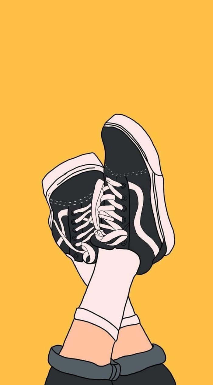 pink sneakers, black and white sneakers, solid yellow background, SD Phone Wallpaper