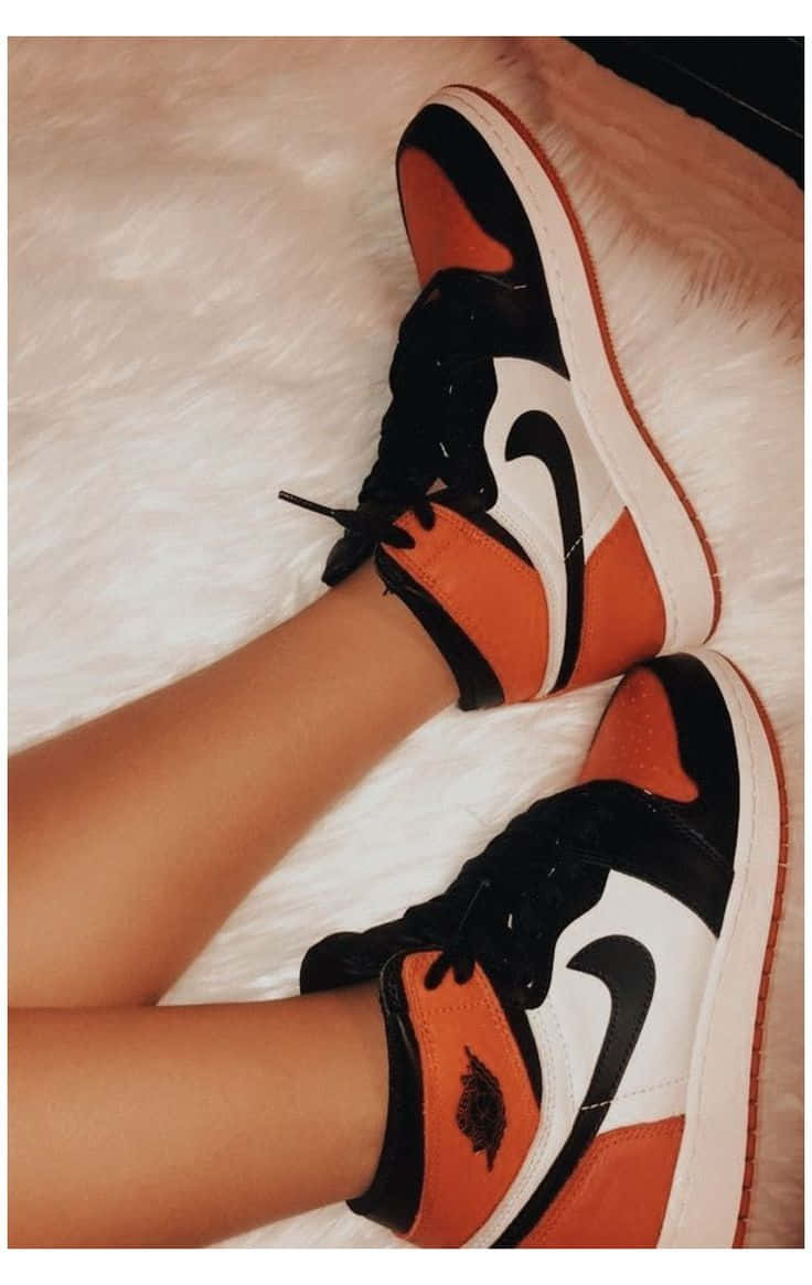 orange black and white sneakers, white background, fluffy white rug, SD Phone Wallpaper