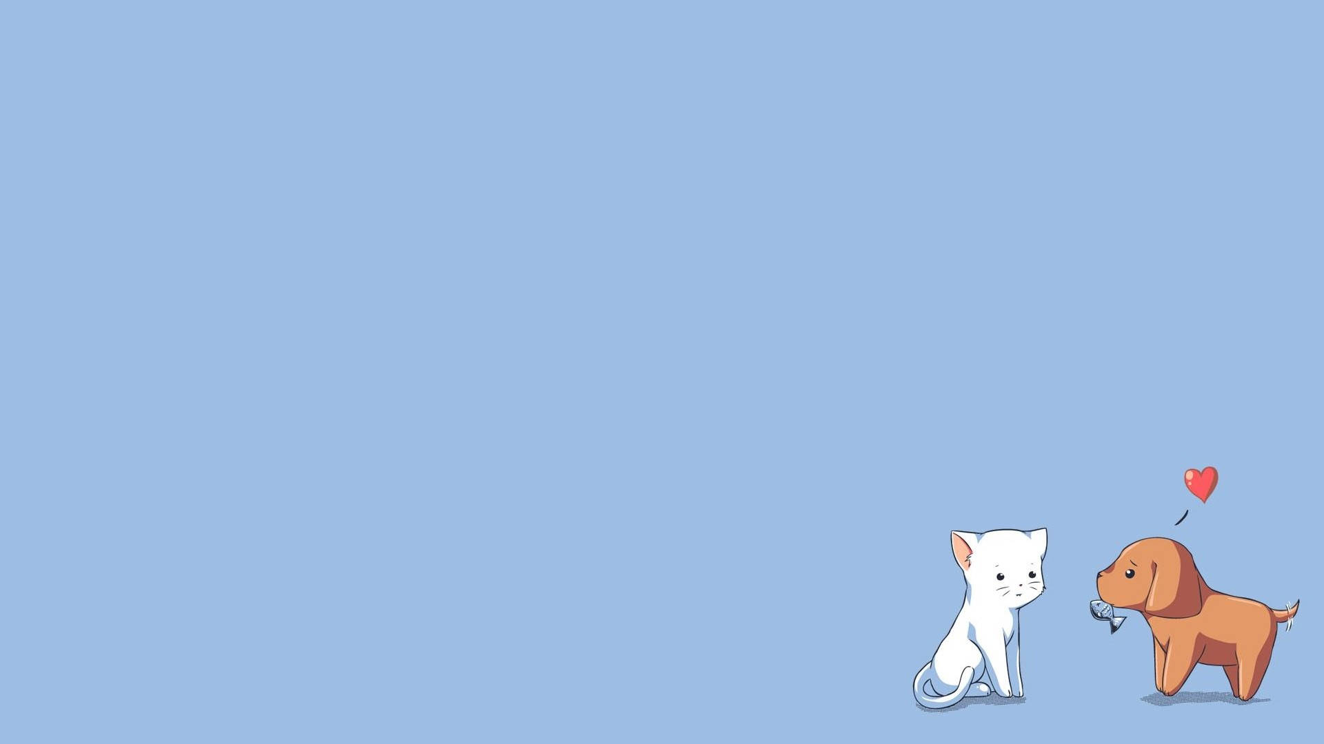white cat, brown dog, floating red heart, Full HD Desktop Wallpaper
