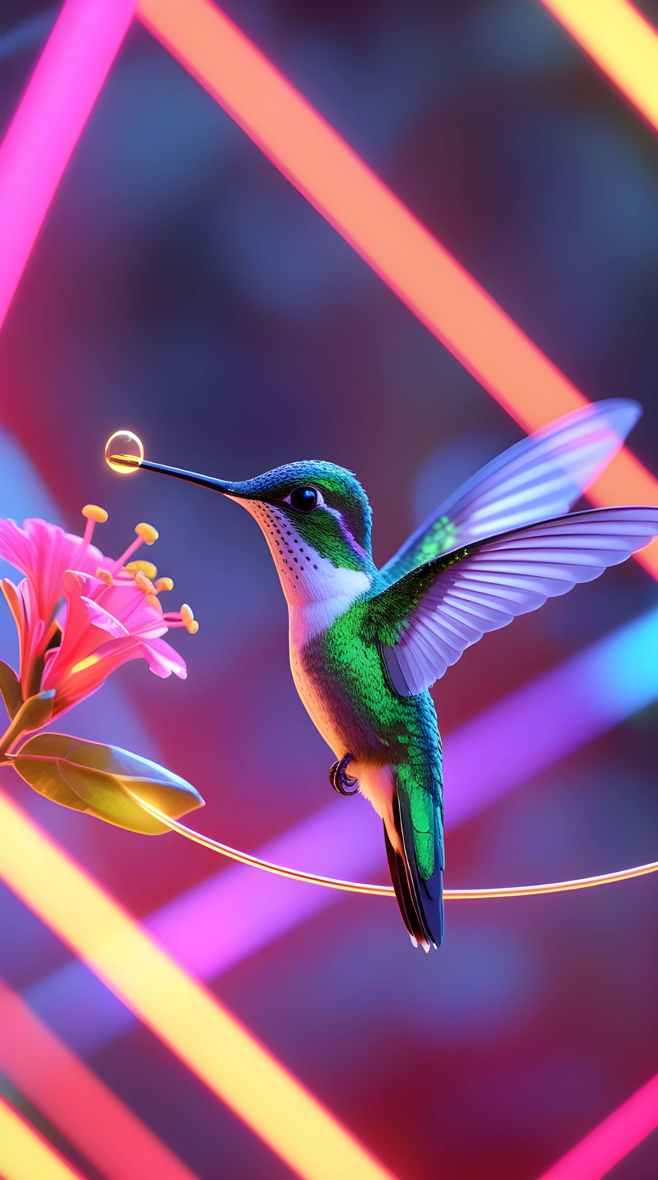 hummingbird, pink flower, glowing neon grid background, 4K Phone Wallpaper