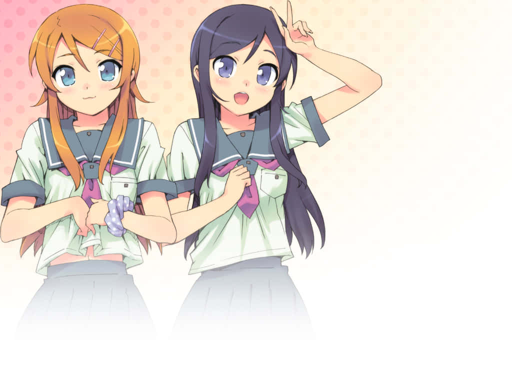 anime cute sisters, sailor uniforms, soft pink polka dot background, SD Desktop Wallpaper