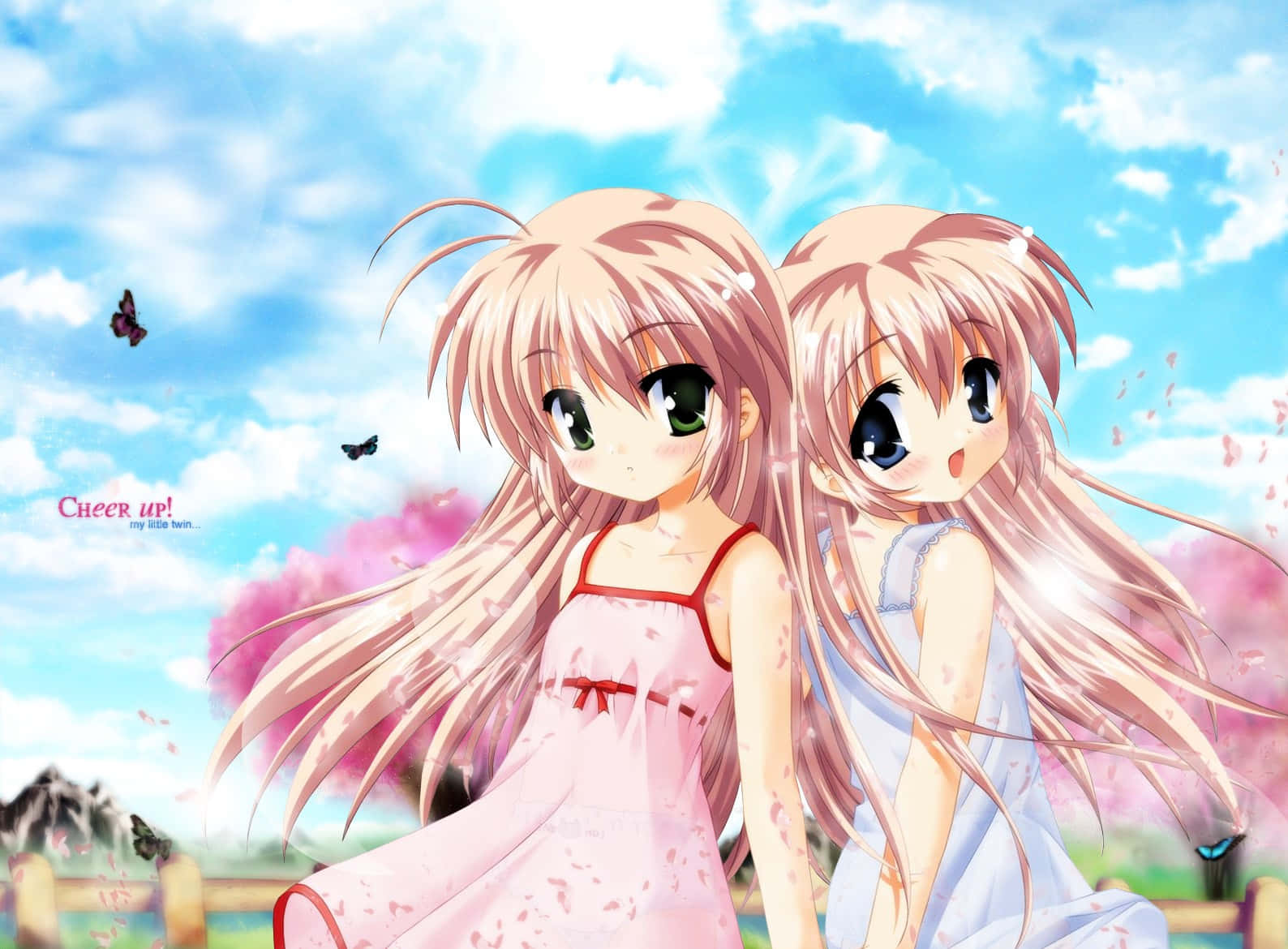 cute sisters, long pink hair, bright blue sky, HD Desktop Wallpaper