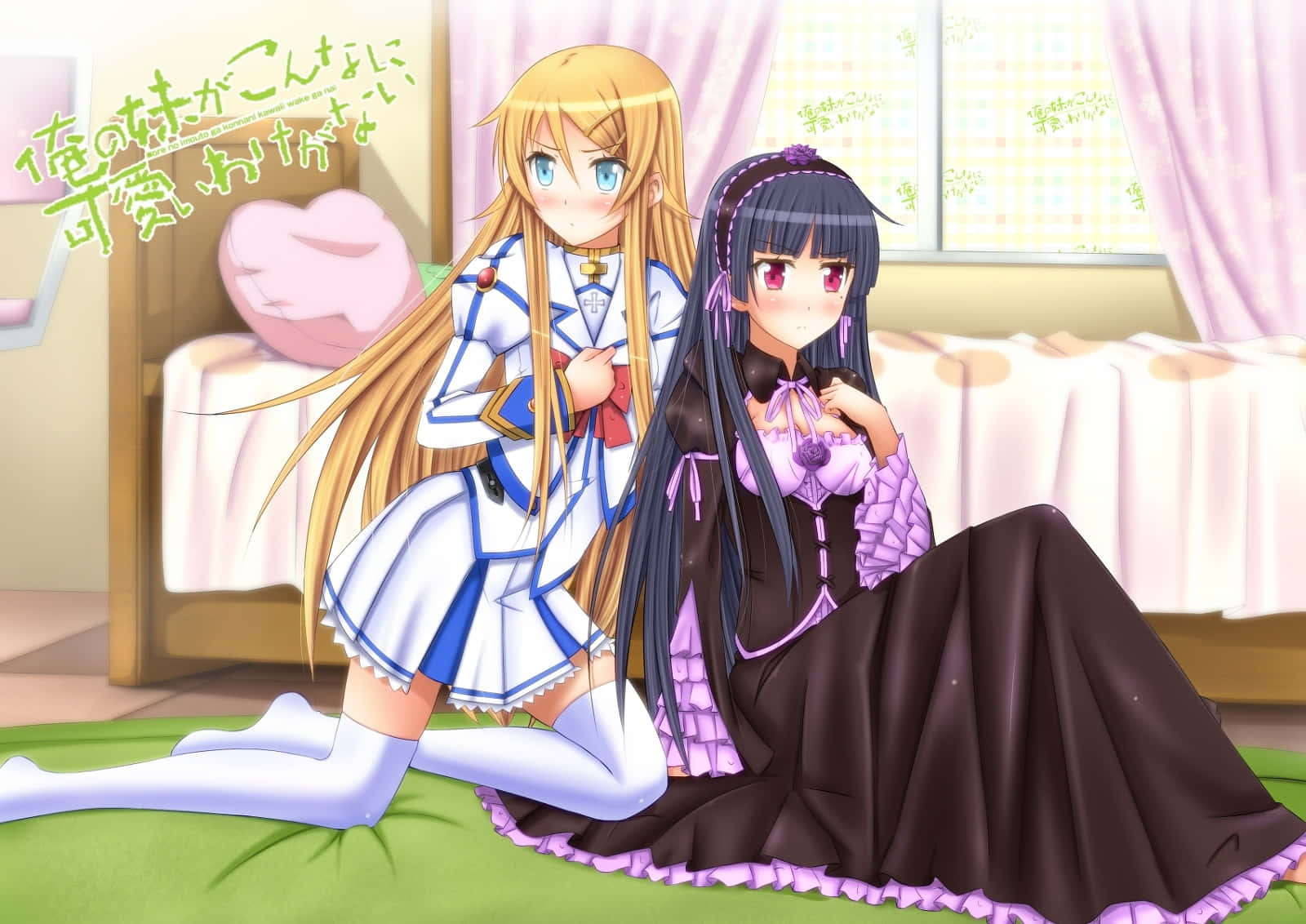 anime girls, contrasting outfits, bed, HD Desktop Wallpaper