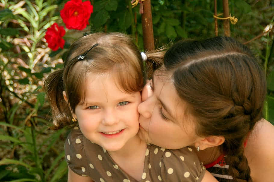 cute sisters, sunlit garden, red roses, SD Desktop Wallpaper