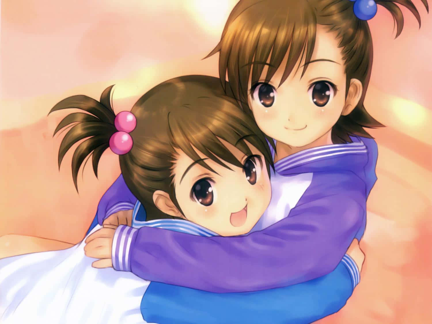 cute sisters, sailor uniforms, peach background, HD Desktop Wallpaper