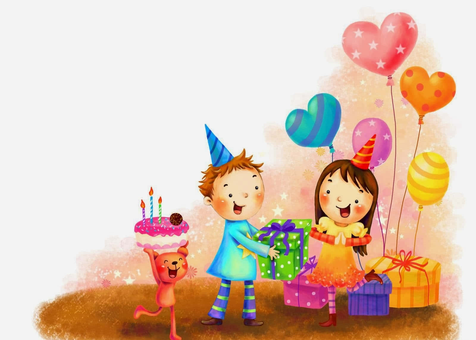 boy, cute sisters, party hats, HD Desktop Wallpaper