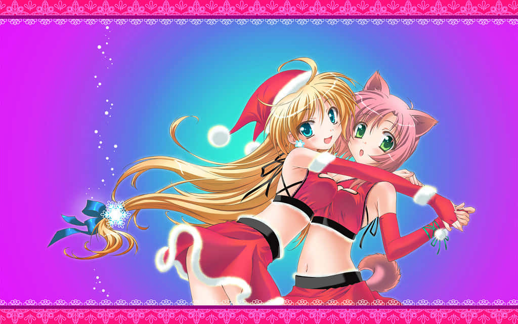 cute sisters, festive red outfits, vibrant purple and blue gradient background, SD Desktop Wallpaper
