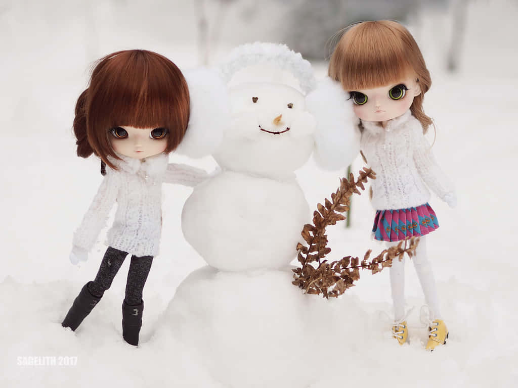 cute sisters, snowman, winter attire, SD Desktop Wallpaper