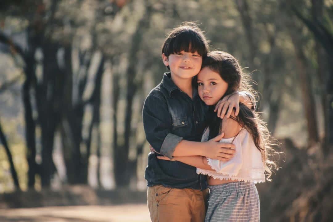 boy, cute sister, sunlit forest, SD Desktop Wallpaper