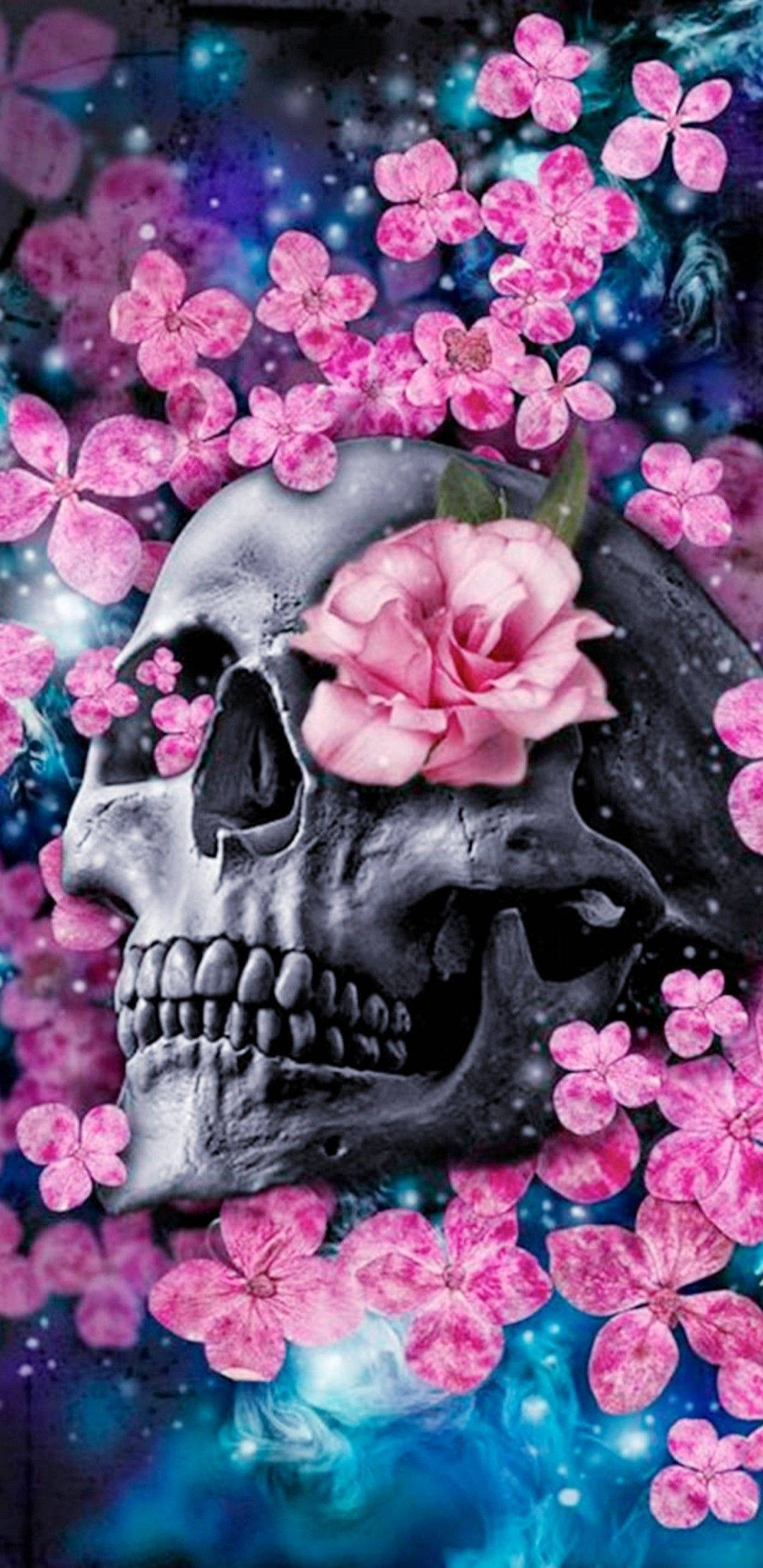 cute skeleton, pink rose, glowing pink flowers, Full HD Phone Wallpaper