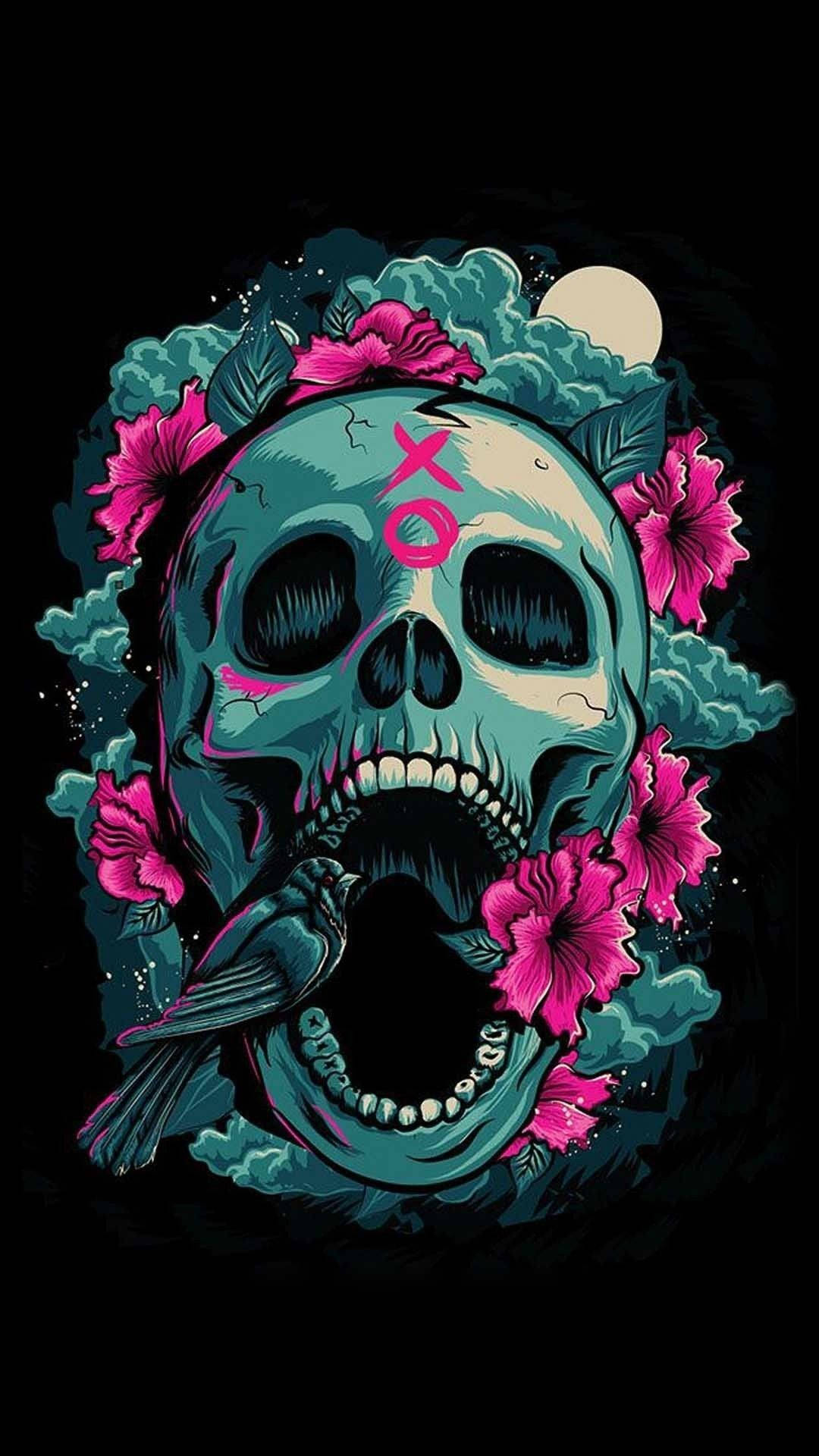 cute skeleton, teal skull, pink flowers, Full HD Phone Wallpaper