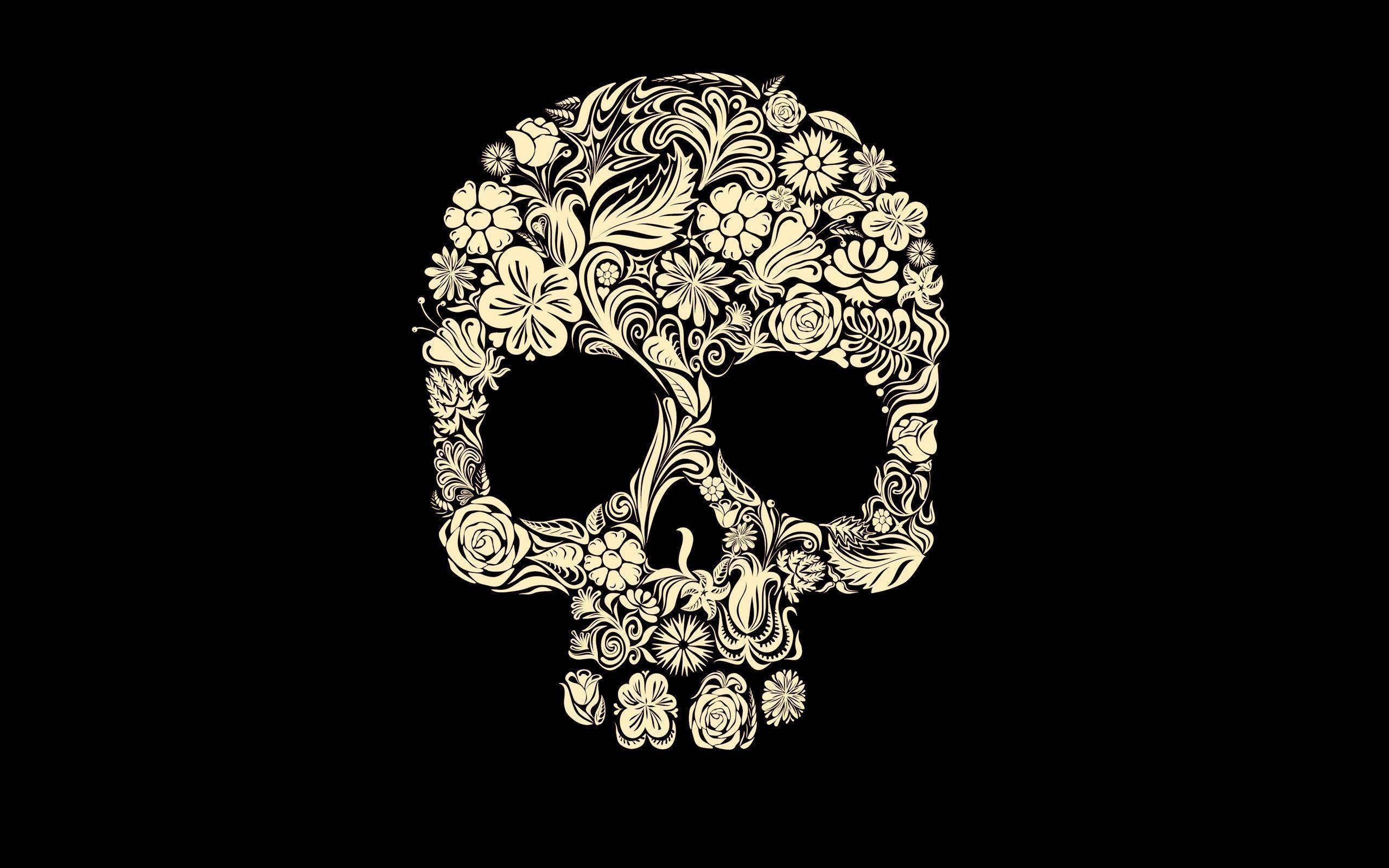 cute skeleton, floral designs, cream-colored, 2K Desktop Wallpaper