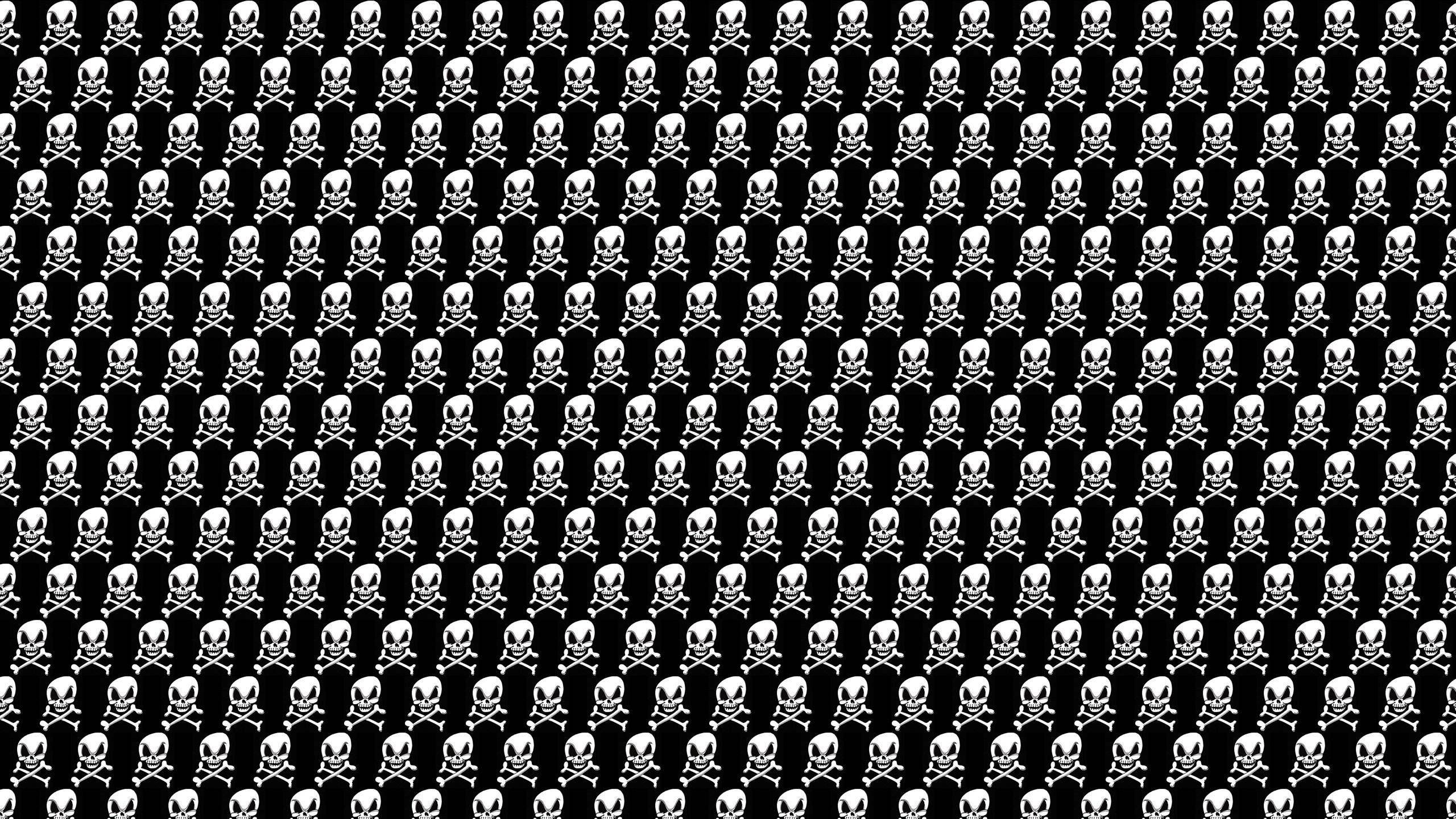 black and white pattern, skulls and crossbones, repeating pattern, 2K Desktop Wallpaper