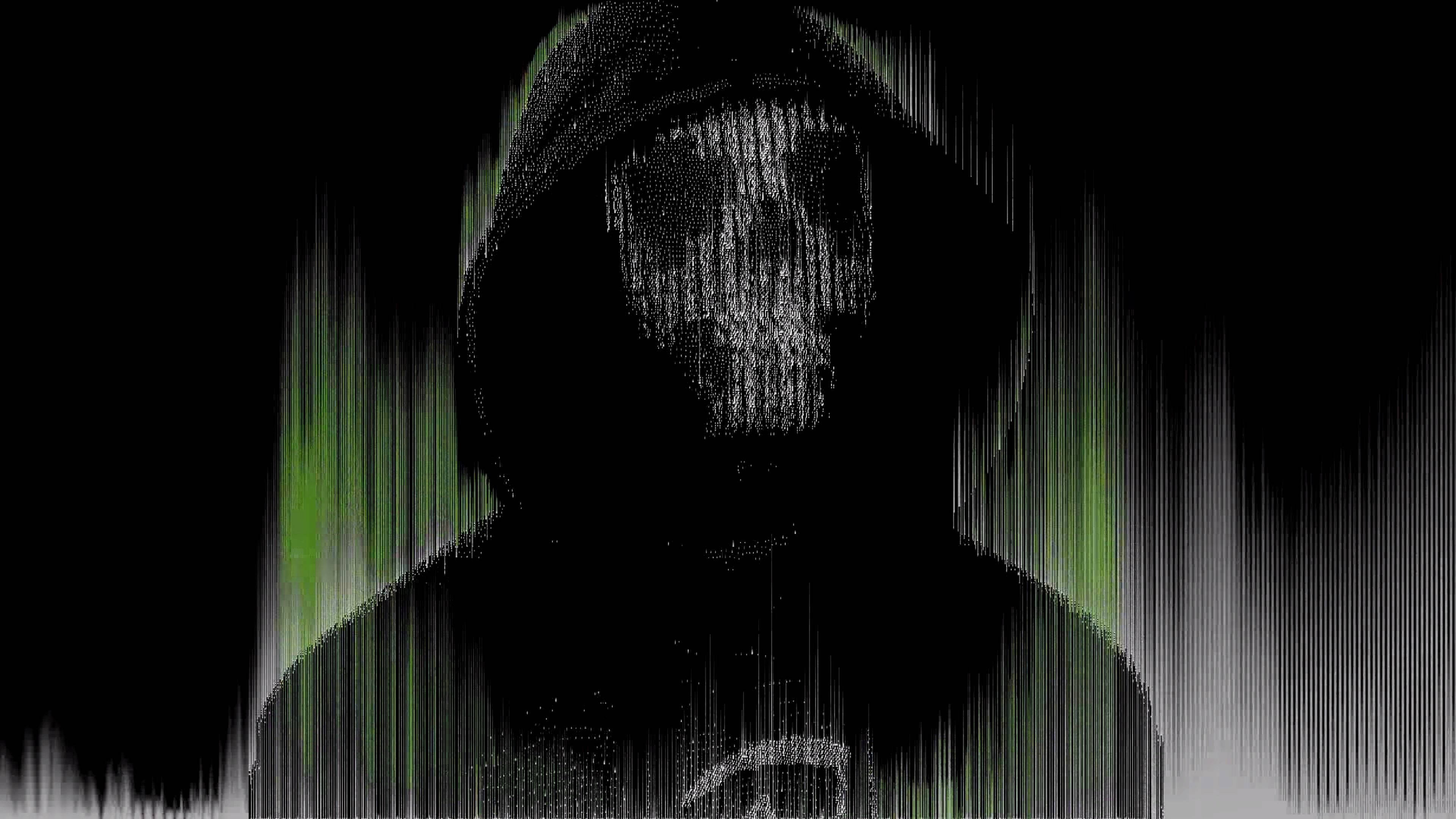 black jacket, skull face, glitching digital silhouette, 4K Desktop Wallpaper