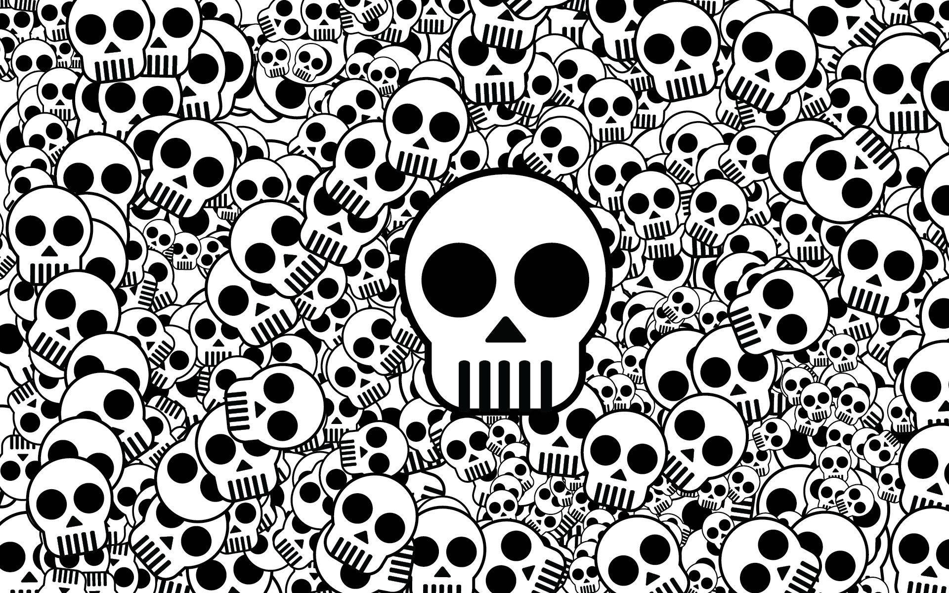 cute skeleton, black and white, large central skull, Full HD Desktop Wallpaper