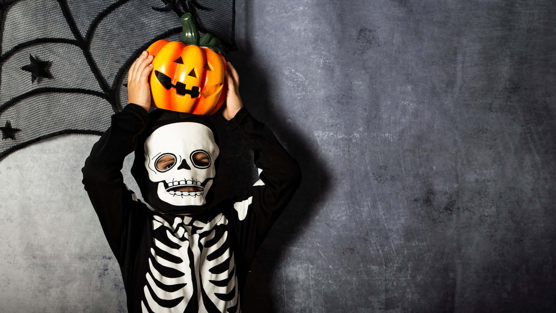 skeleton costume, child, carved jack-o-lantern, Full HD Desktop Wallpaper