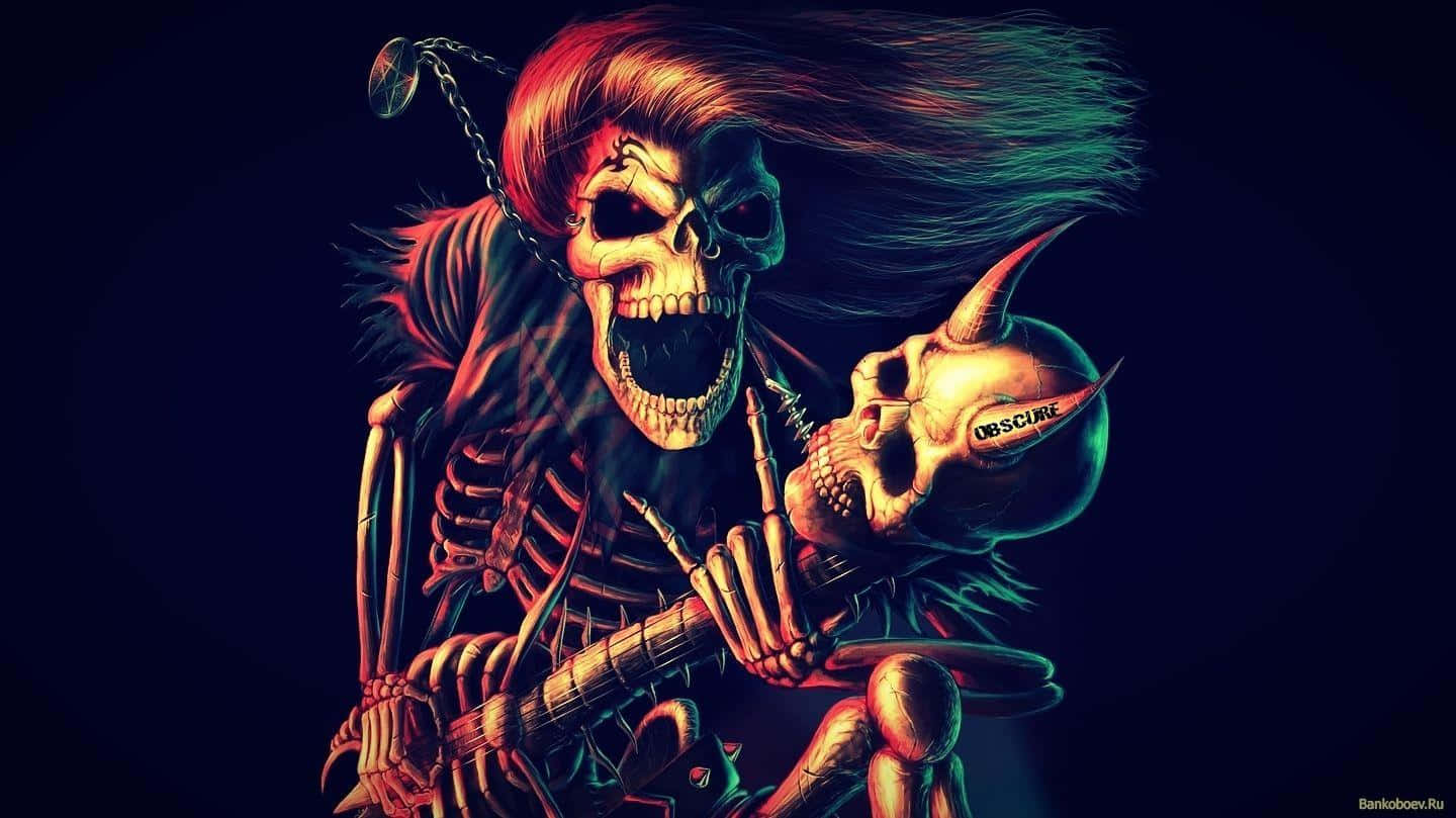 long-haired skeleton, fiery-haired skeleton, skull-headed guitar, HD Desktop Wallpaper