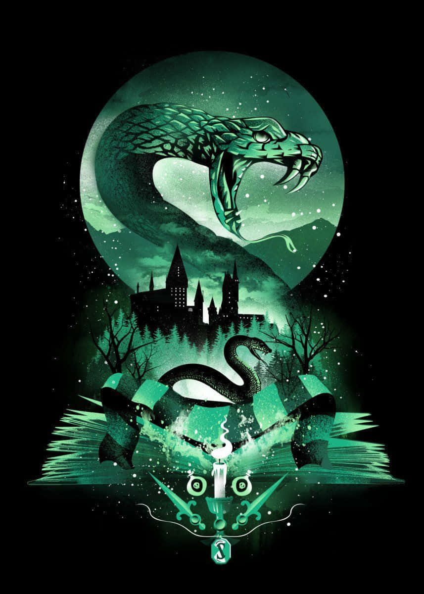 Cute Slytherin, glowing green serpent, moonlit castle silhouette, SD Phone Wallpaper