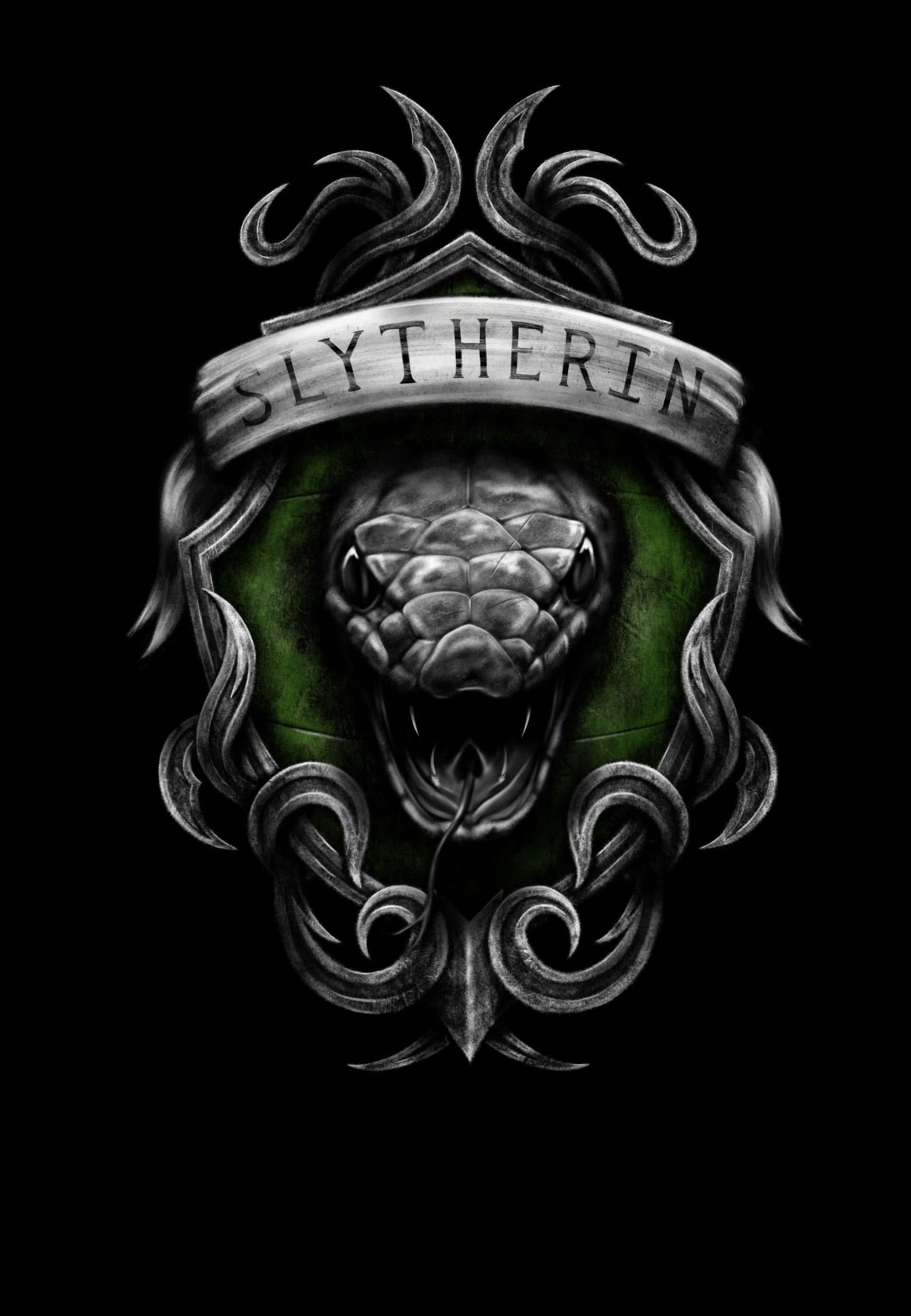 Slytherin, green shield, silver serpent head, 2K Phone Wallpaper