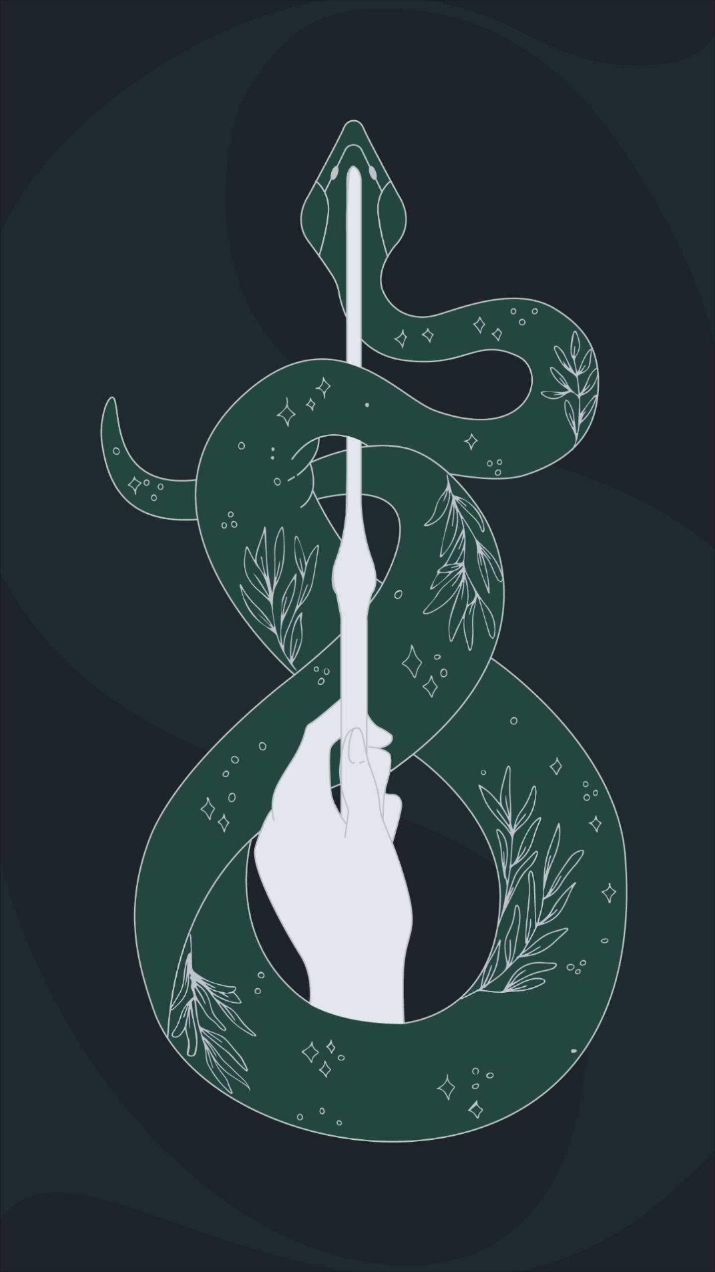 Slytherin, green snake, hand holding a staff, 2K Phone Wallpaper