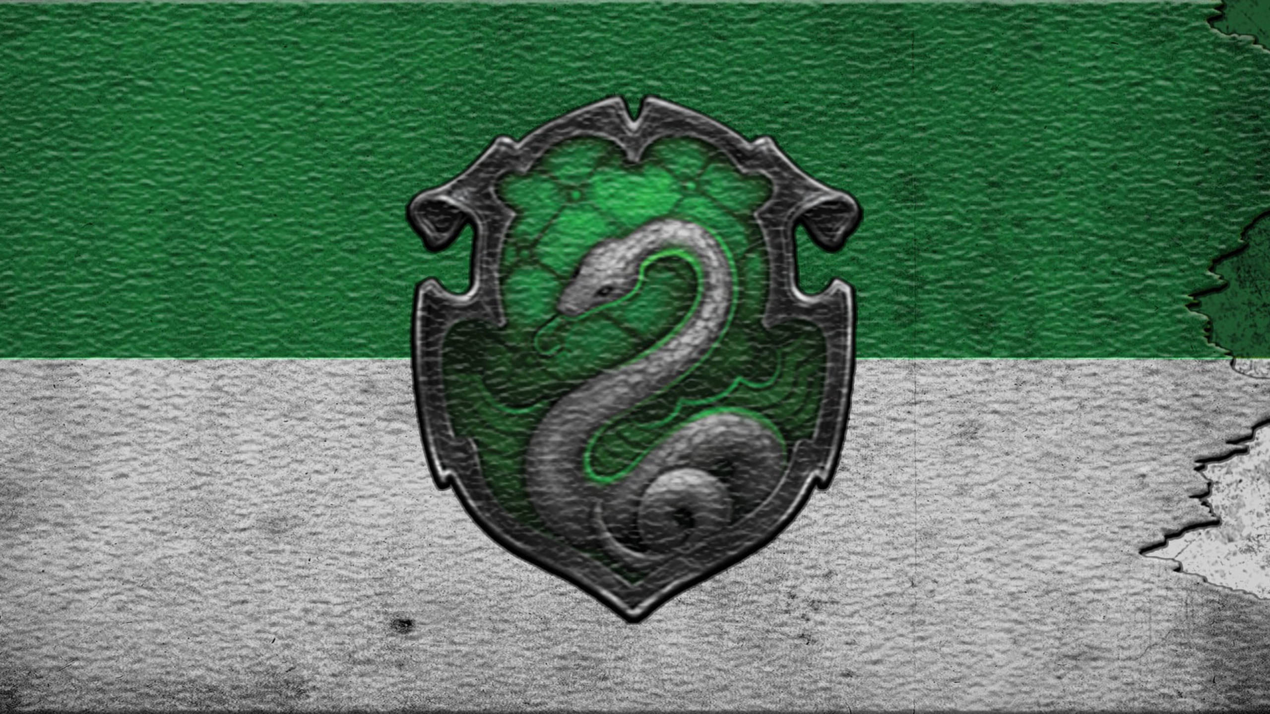 Slytherin crest, coiled serpent, cracked green and gray background, 2K Desktop Wallpaper