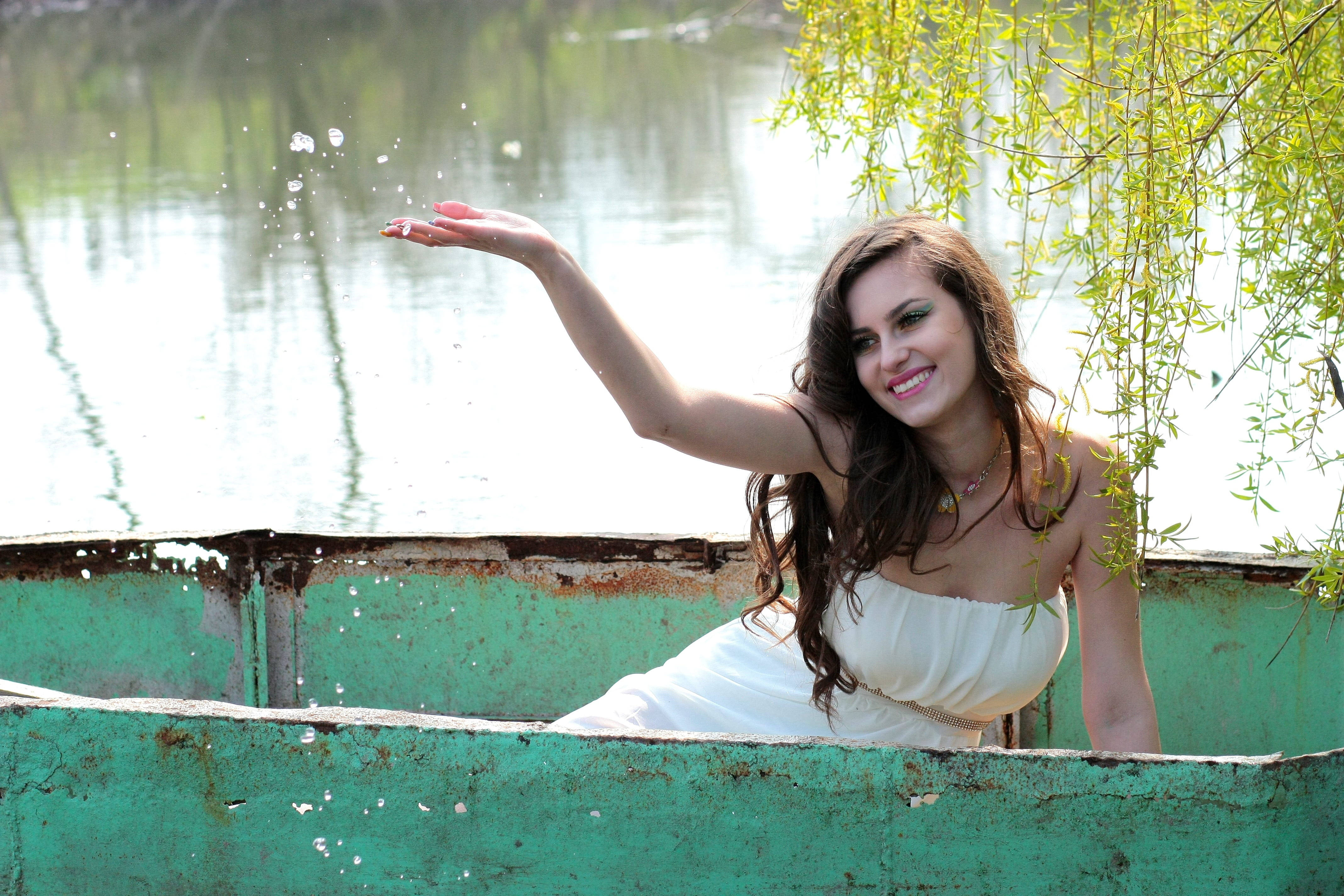 woman, white dress, rusty green boat, 4K Desktop Wallpaper