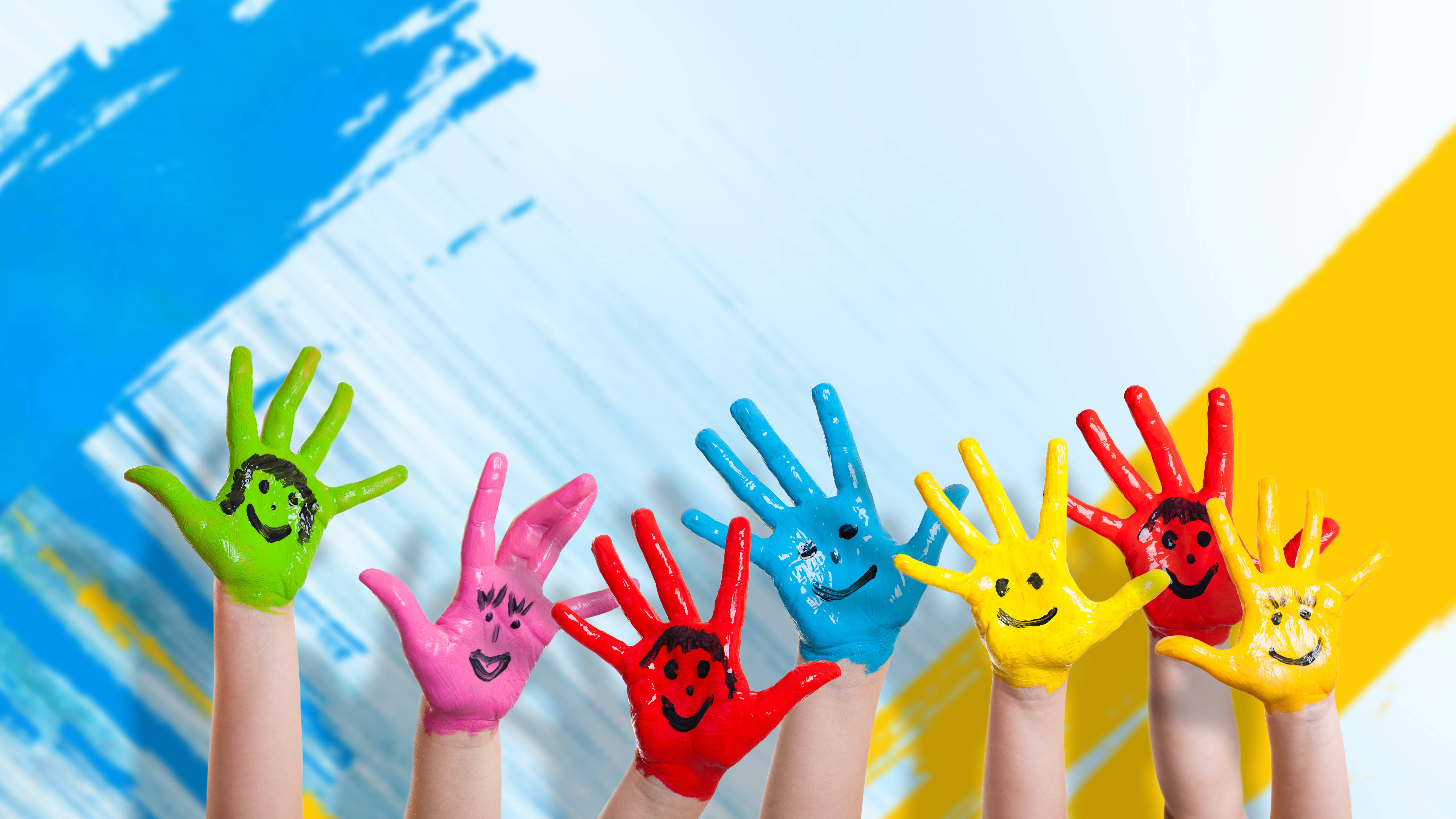 painted cute smile hands, six children's hands, bright colors, 5K Desktop Wallpaper