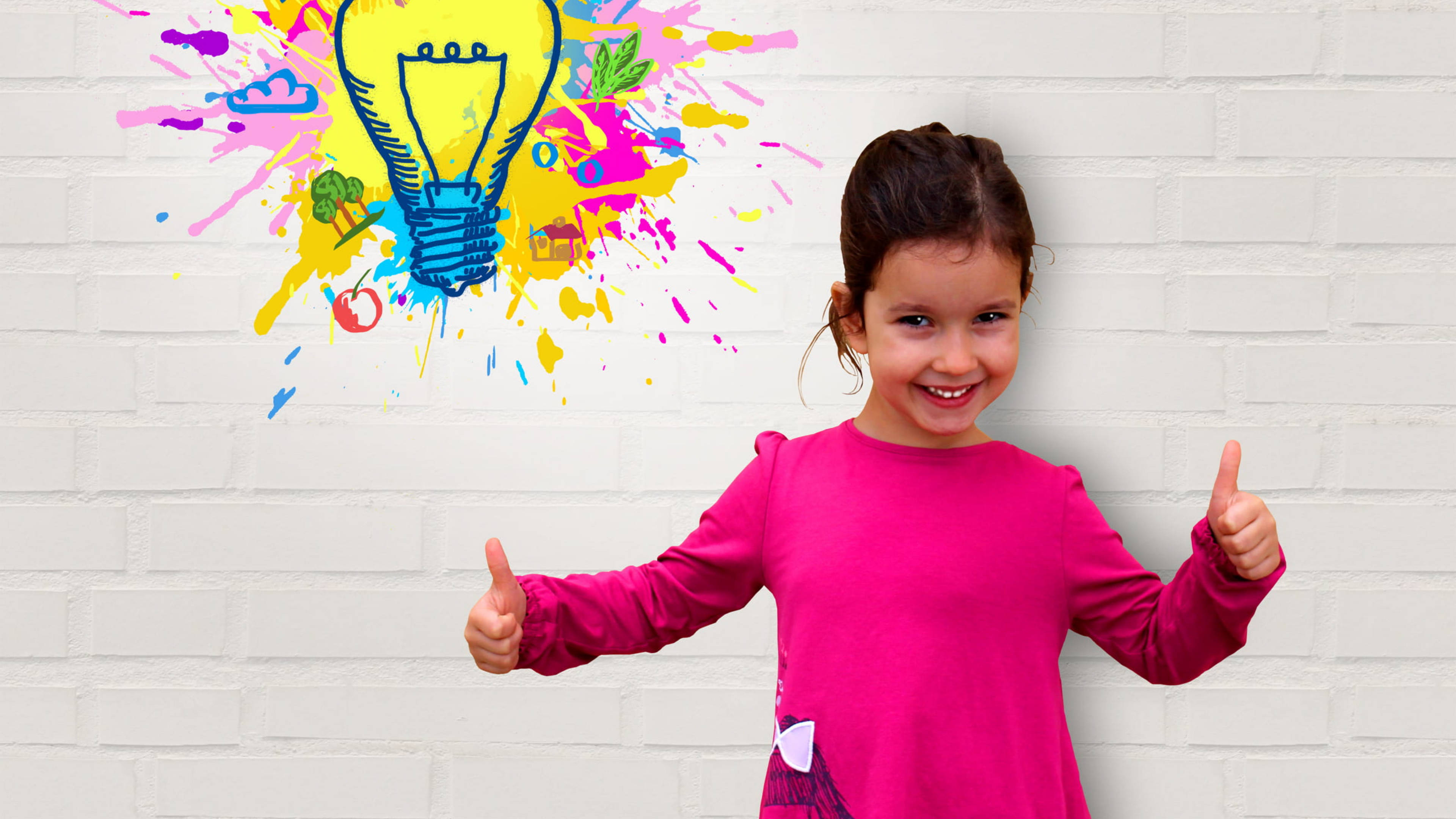Cute Smile Girl Light Bulb, pink dress, colorful graffiti-style lightbulb mural, 4K Desktop Wallpaper
