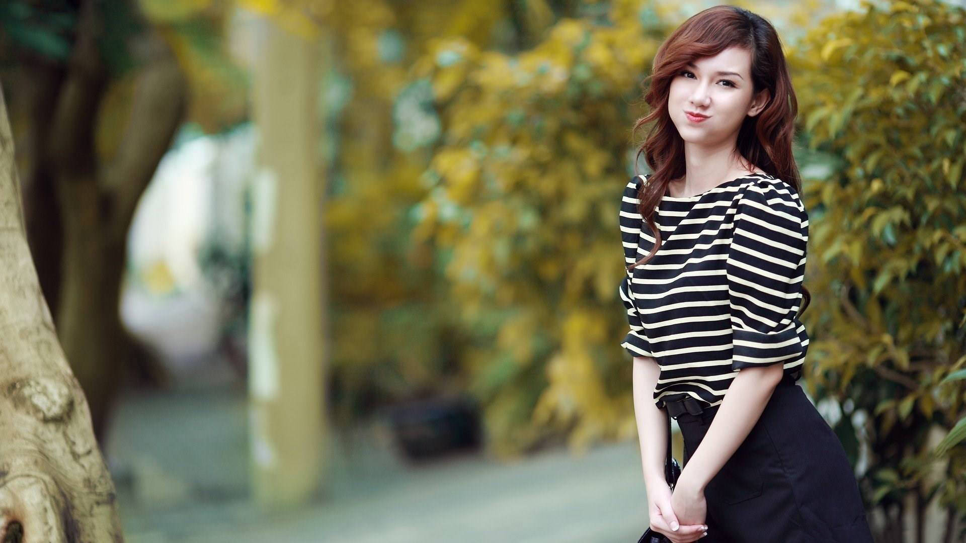Asian woman, shy yet cute smile, black and white striped top, Full HD Desktop Wallpaper