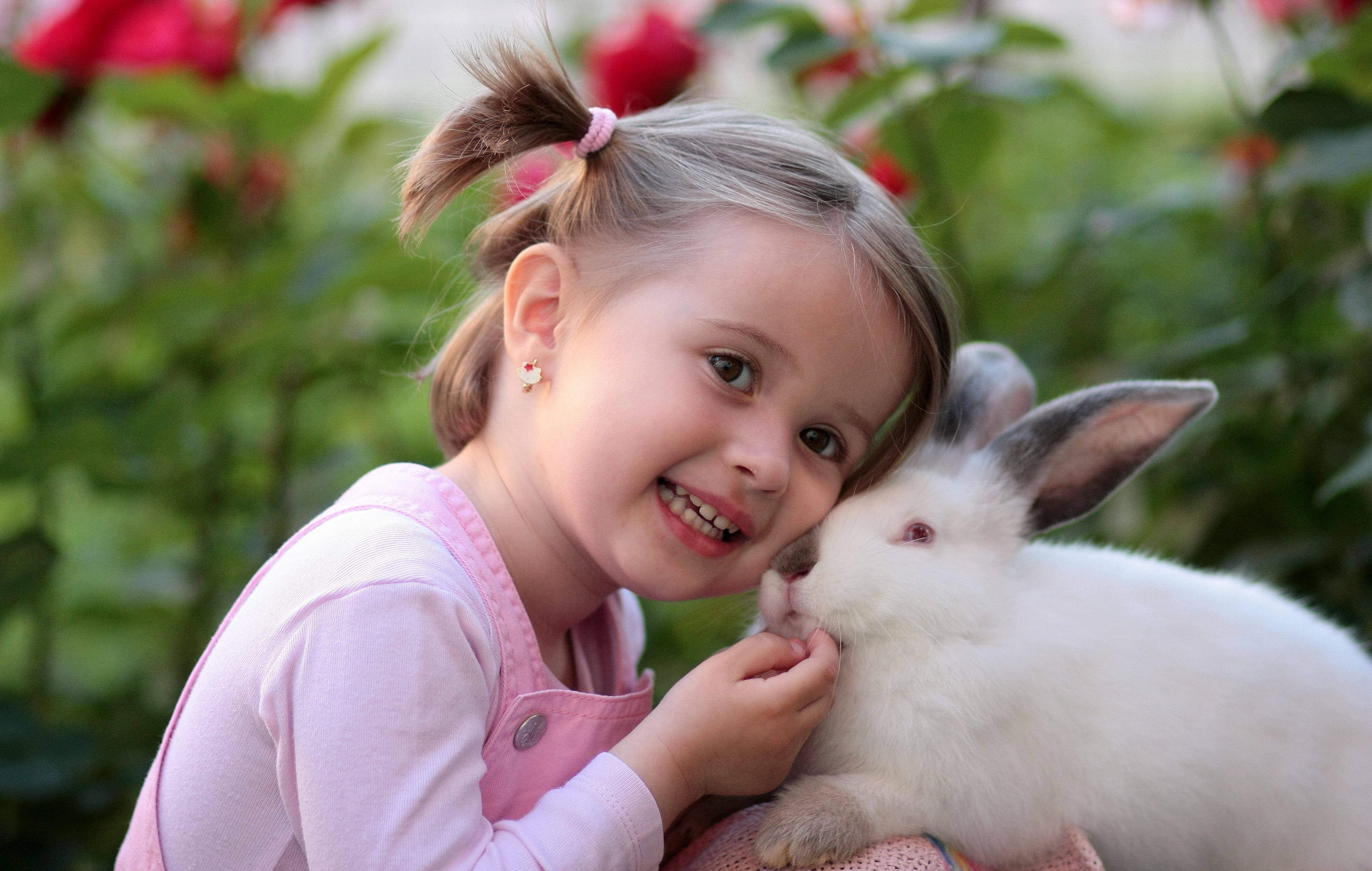 Cute Smile Girl And Rabbit, pink overalls, fluffy white rabbit, 4K Desktop Wallpaper