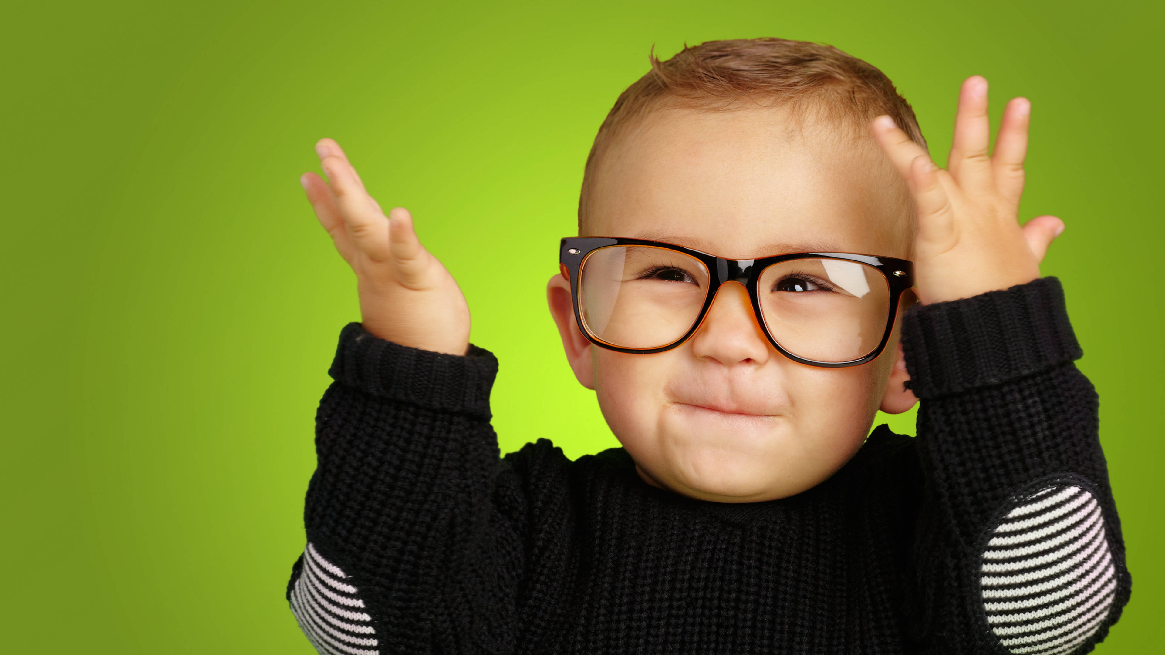 cute smile baby with glasses, oversized glasses, black sweater, 4K Desktop Wallpaper