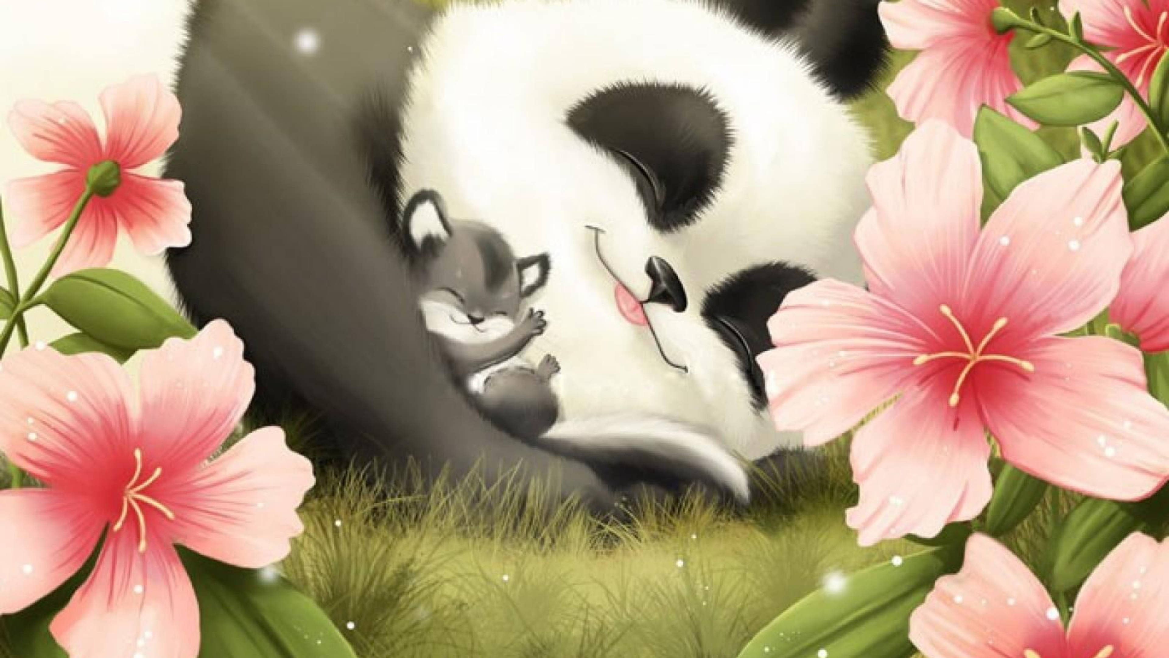cute smile panda cub, panda, tiny fox, 4K Desktop Wallpaper