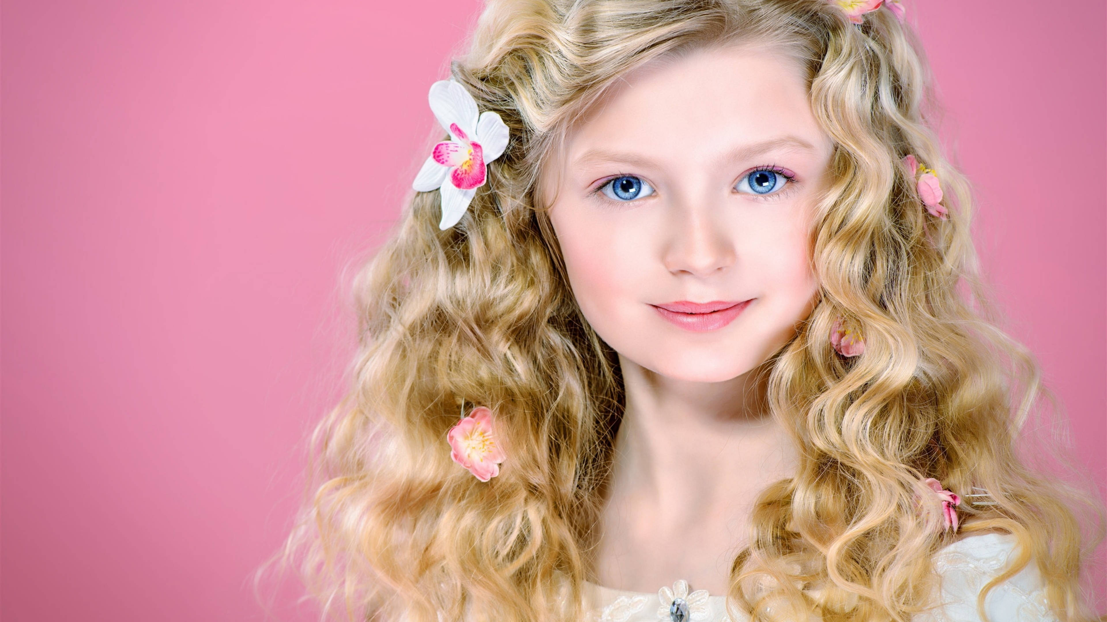 blonde girl, curly blonde hair, pink and white orchids, 4K Desktop Wallpaper