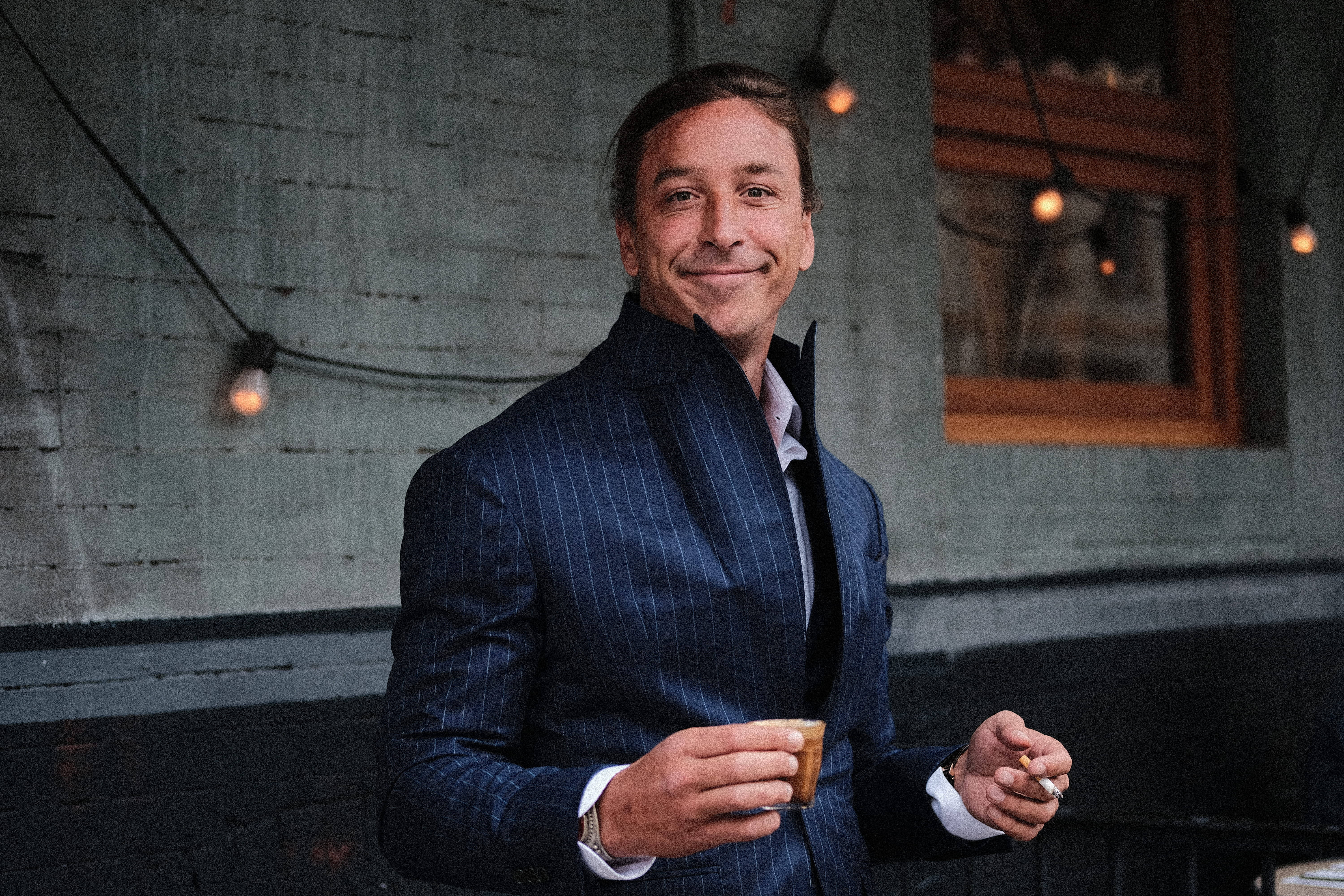 navy pinstripe suit, coffee cup, cigarette, 5K Desktop Wallpaper