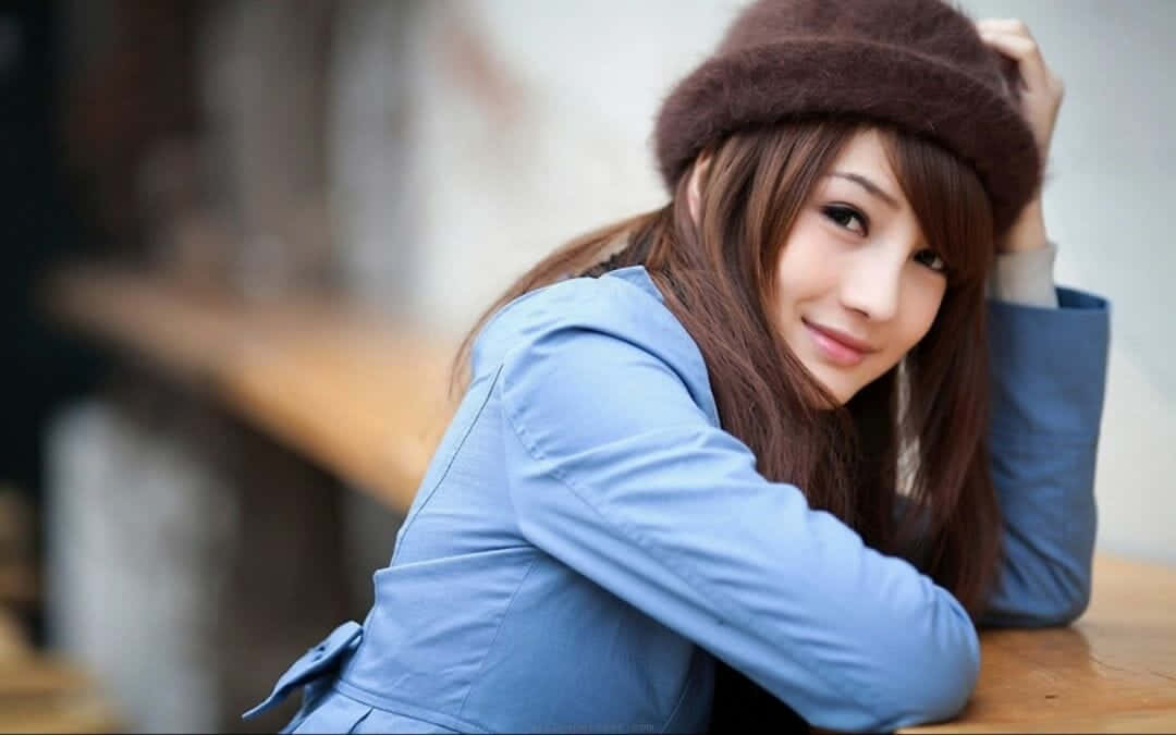 cute girly girl, blue coat, brown hat, SD Desktop Wallpaper