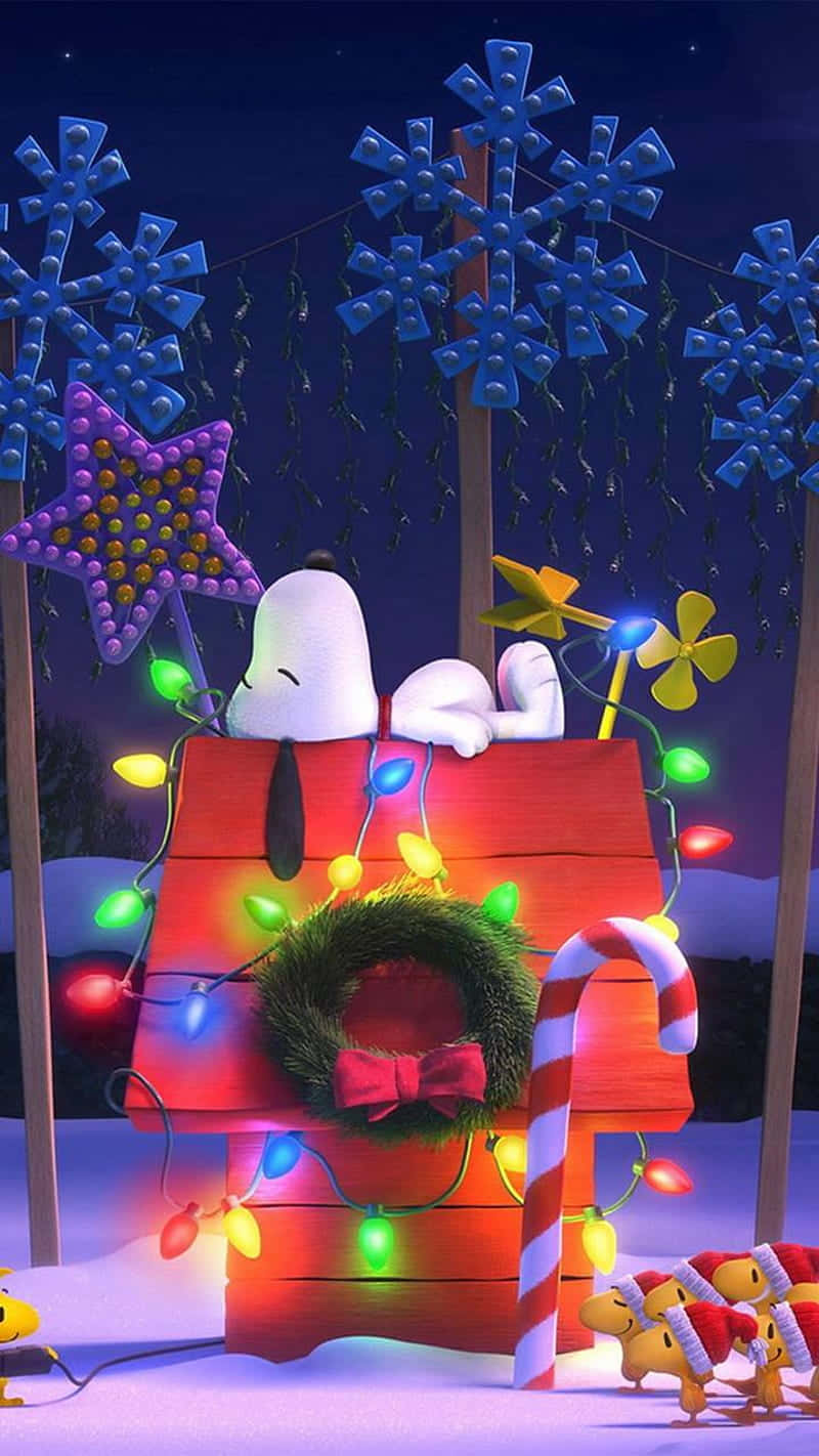 Snoopy, red doghouse, festive lights, HD Phone Wallpaper