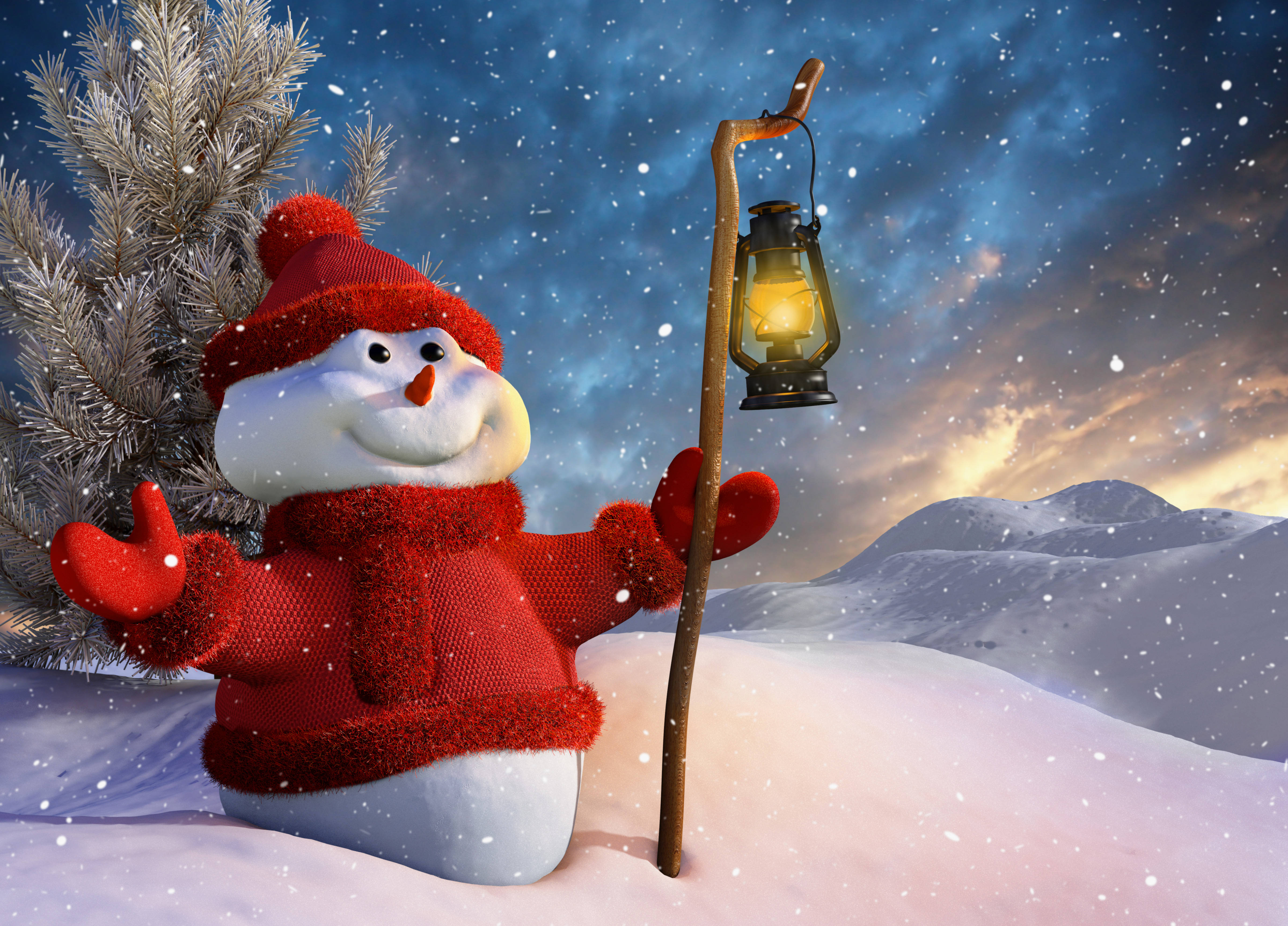 snowman, red knit gear, glowing lantern, 4K Desktop Wallpaper
