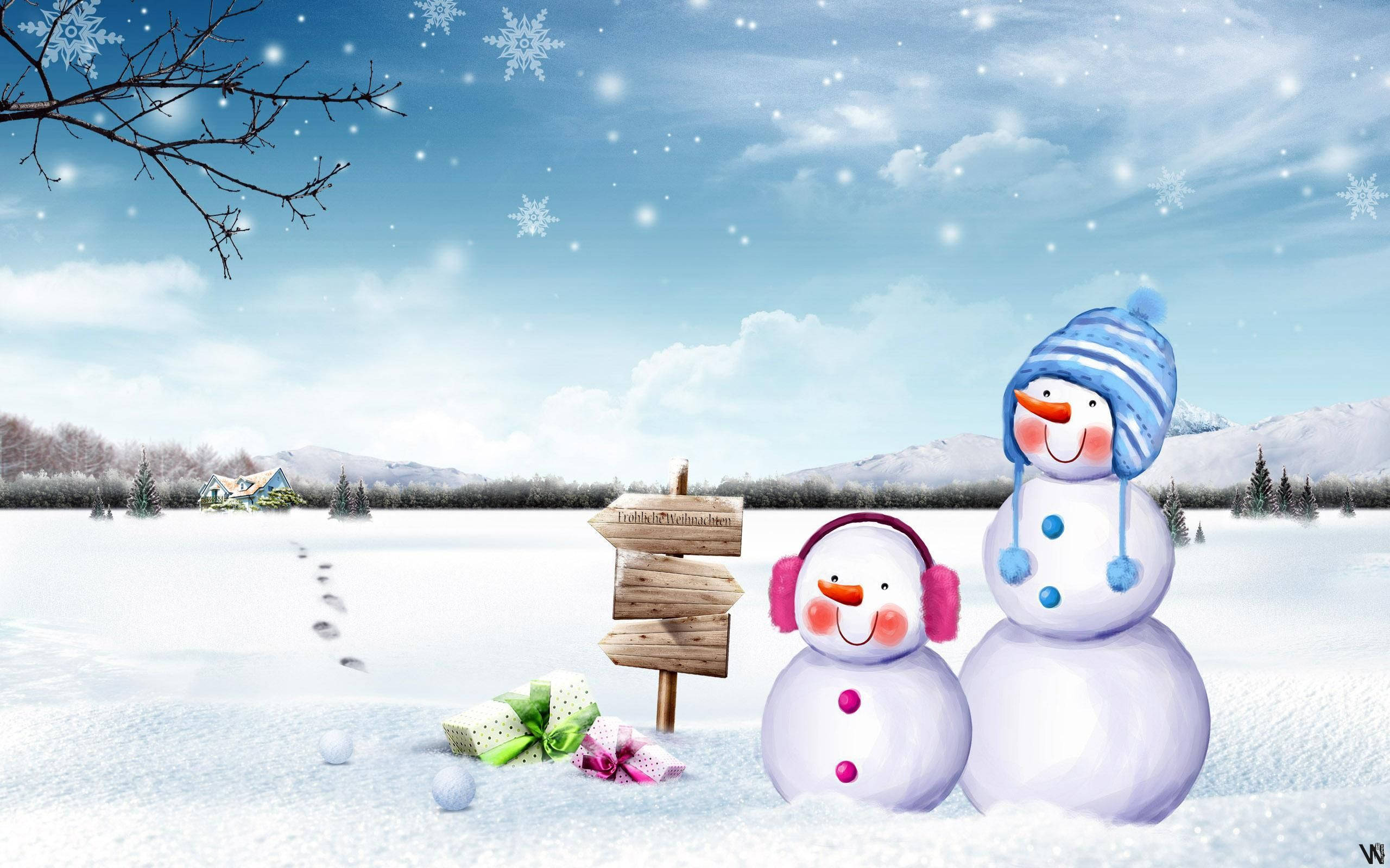 cute snowman, snowy field, falling snowflakes, 2K Desktop Wallpaper