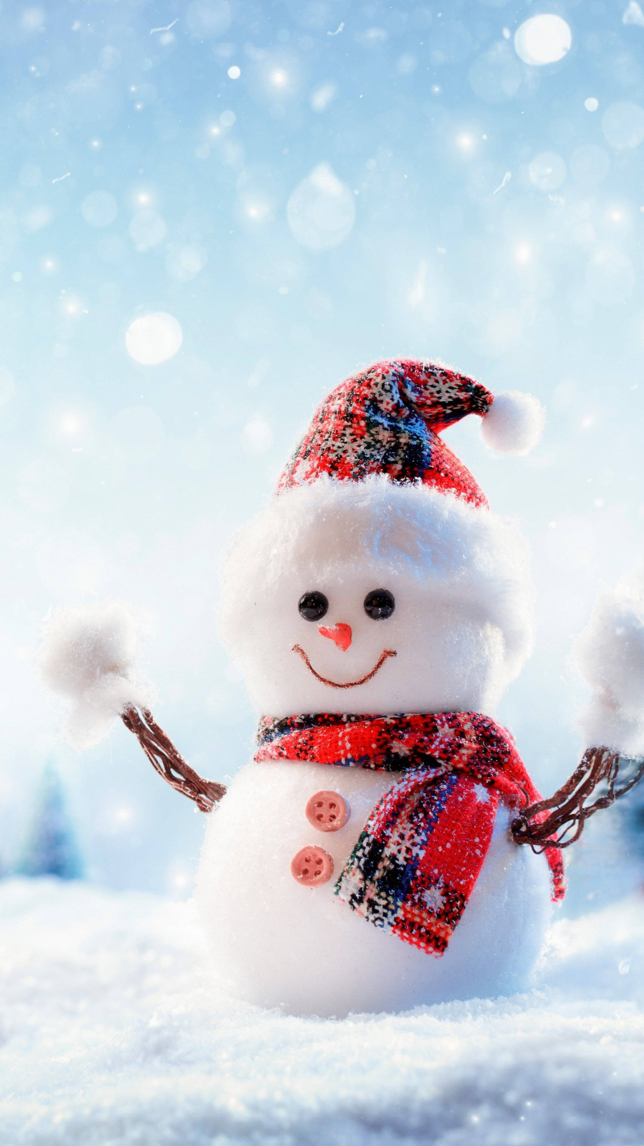 snowman, red plaid hat, red plaid scarf, 4K Phone Wallpaper