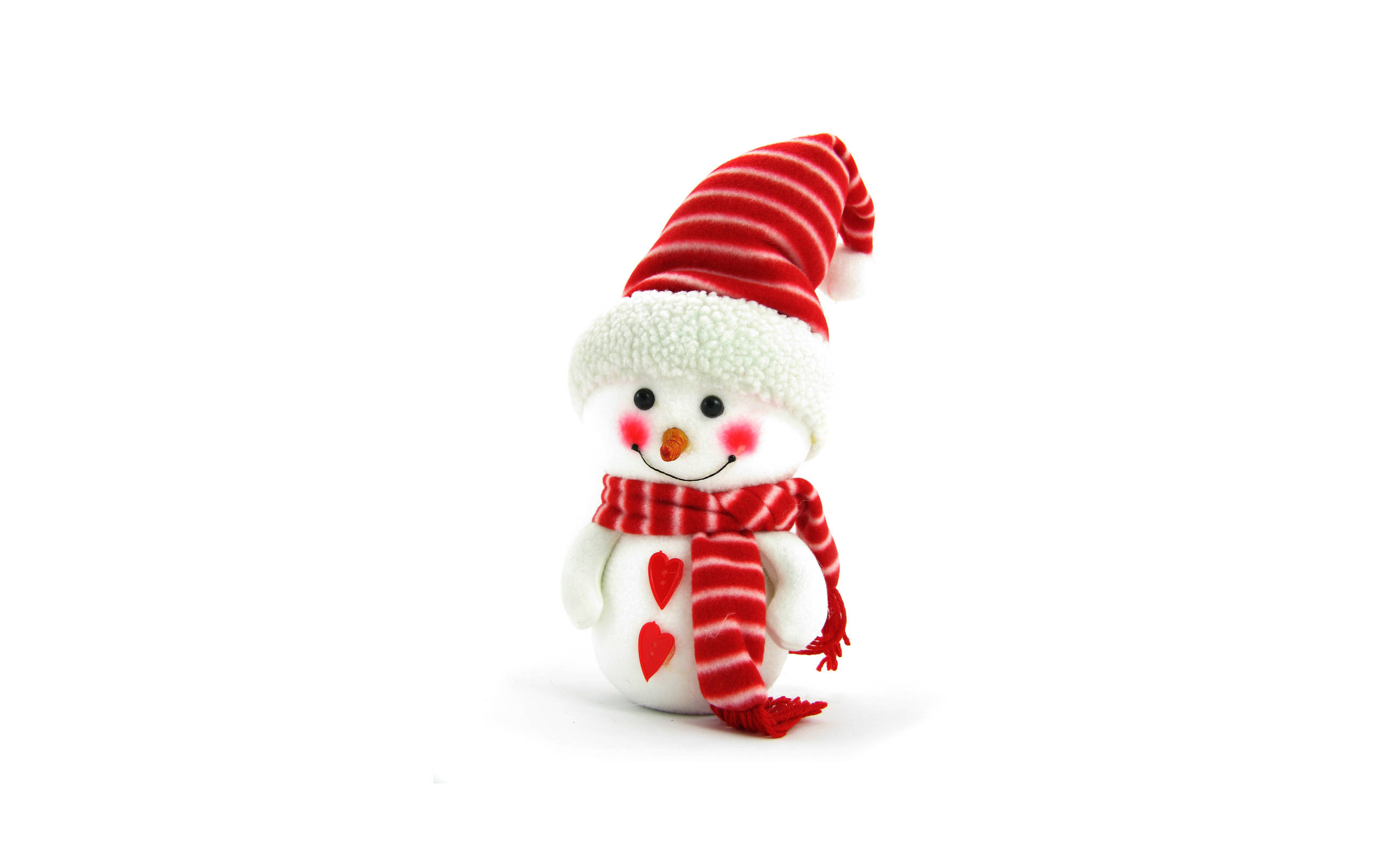 plush snowman, red striped hat, scarf with hearts, 2K Desktop Wallpaper