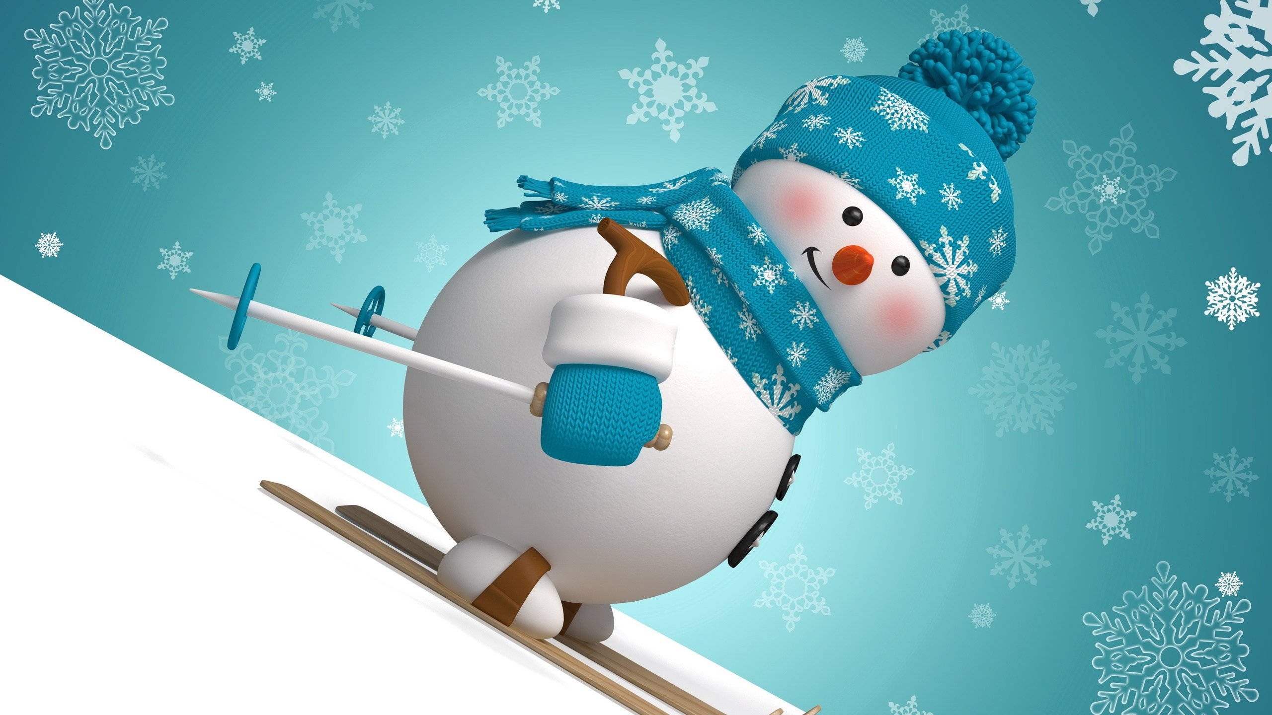 snowman, blue winter gear, skis, 2K Desktop Wallpaper