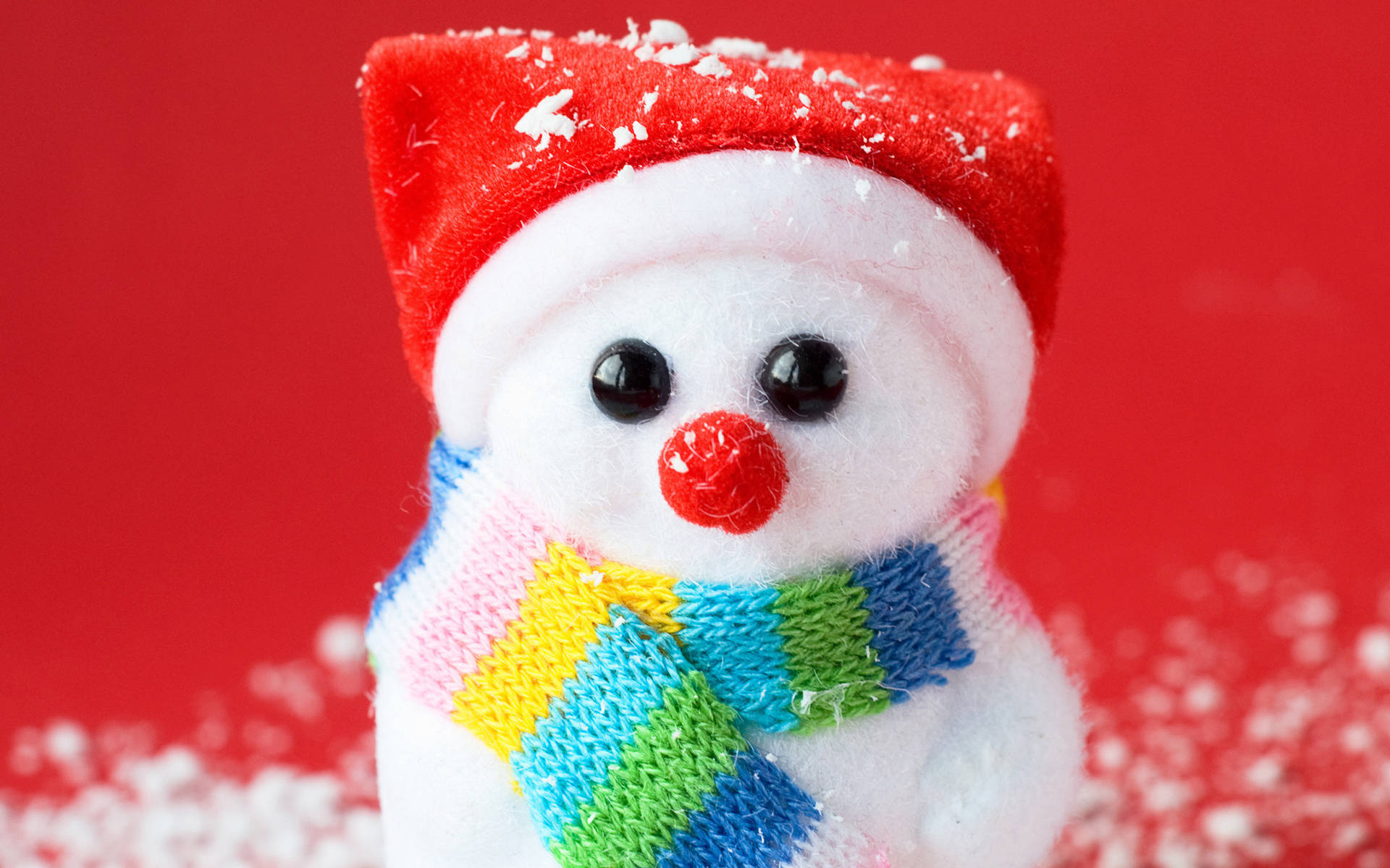 plush snowman, red hat, colorful striped scarf, Full HD Desktop Wallpaper