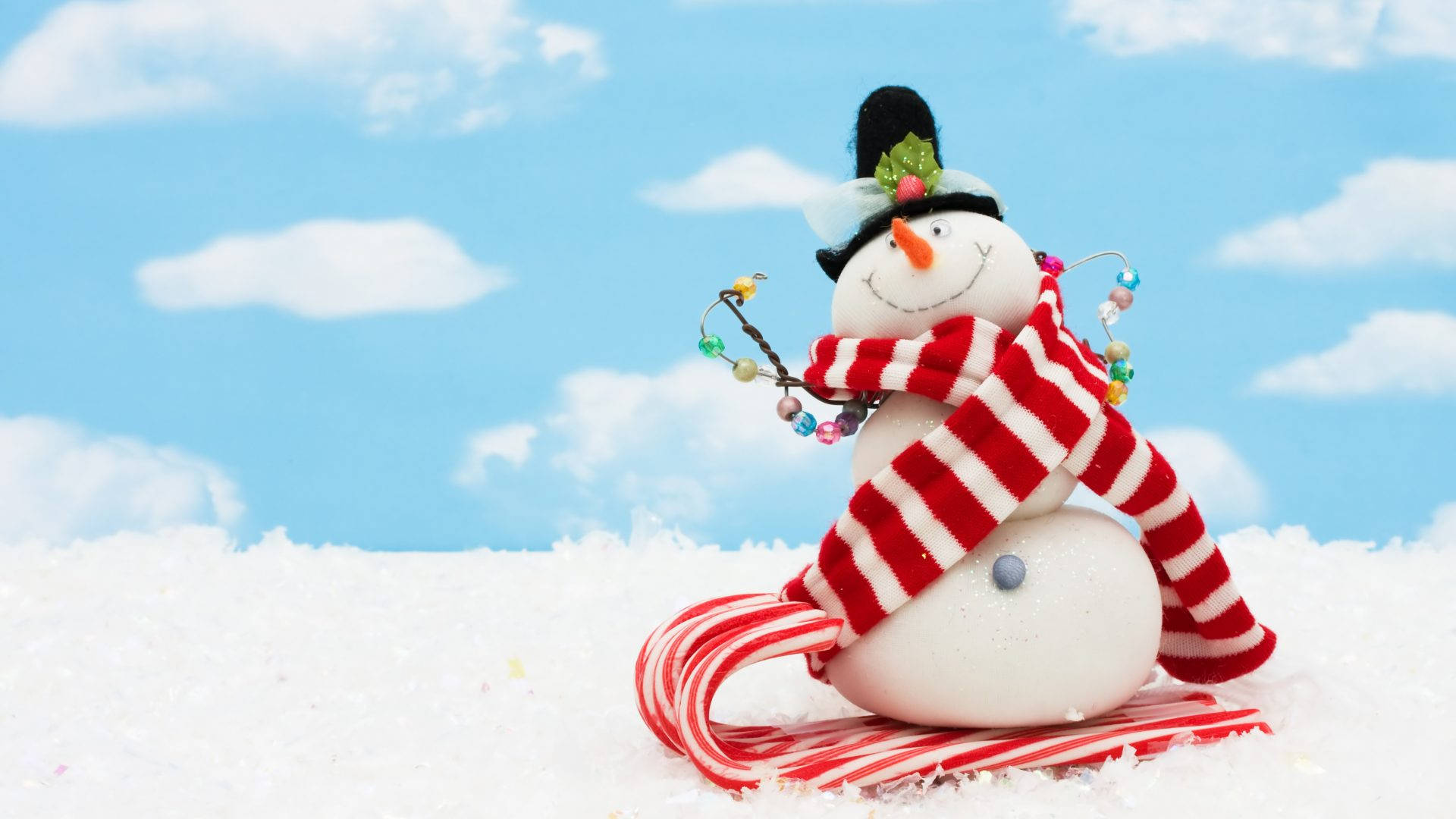 snowman, red and white striped scarf, candy cane sled, Full HD Desktop Wallpaper