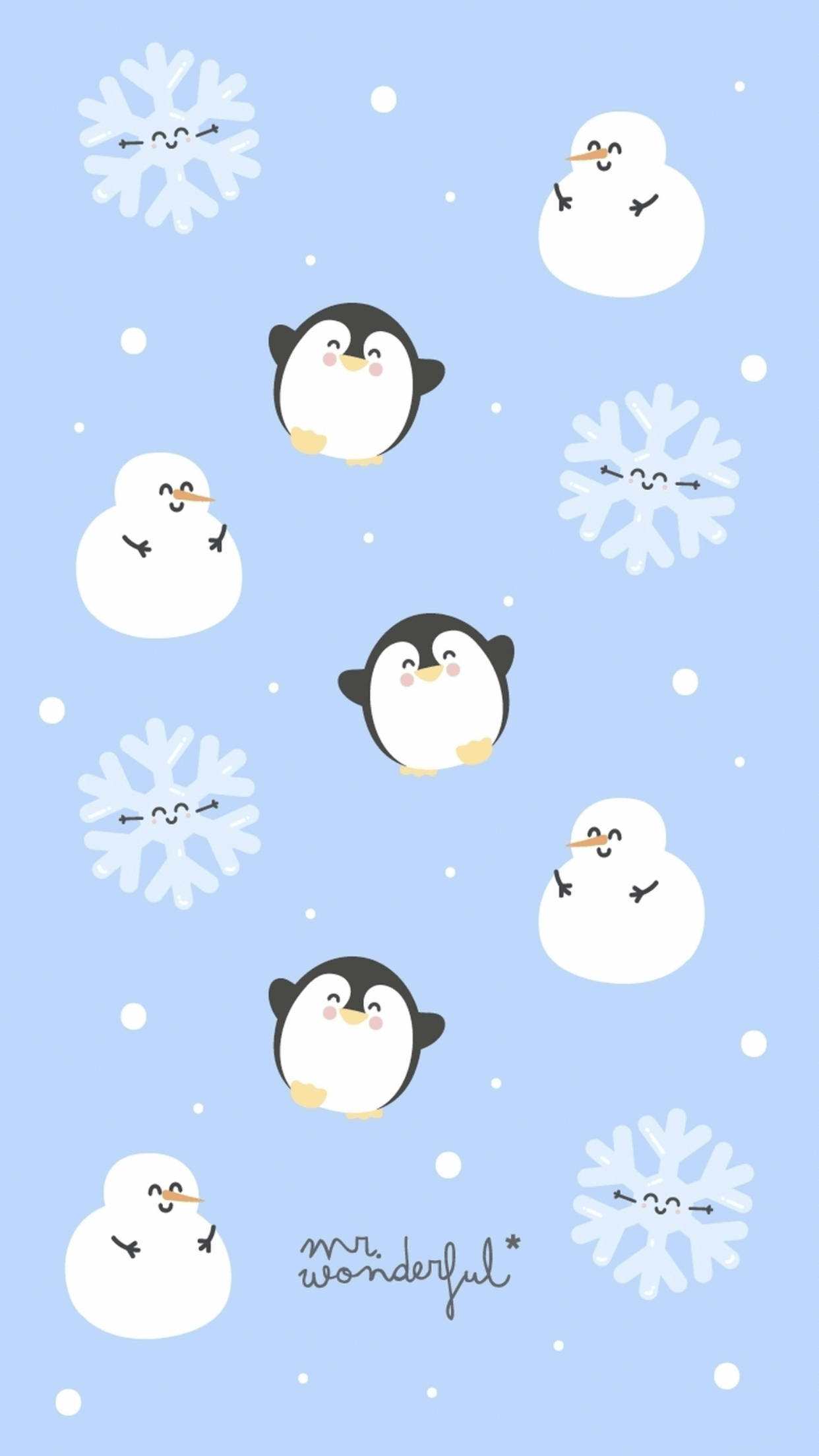 cute snow, cartoon penguins, snowmen, Full HD Phone Wallpaper