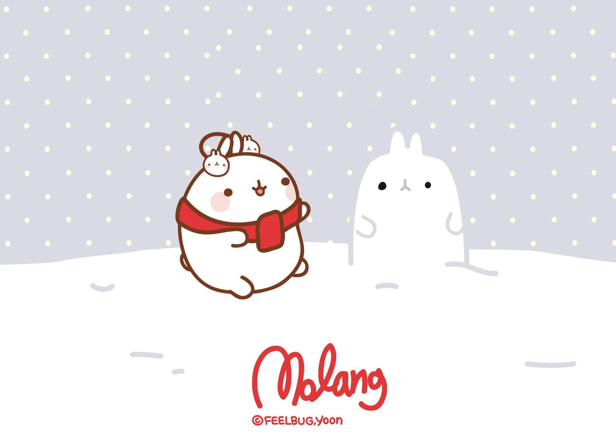 cute snow, cartoon rabbit, red scarf, Full HD Desktop Wallpaper