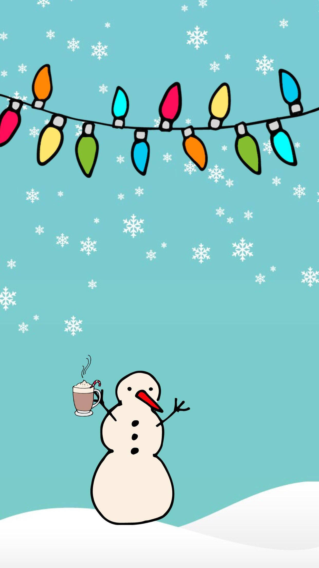snowman, steaming mug, colorful string lights, Full HD Phone Wallpaper