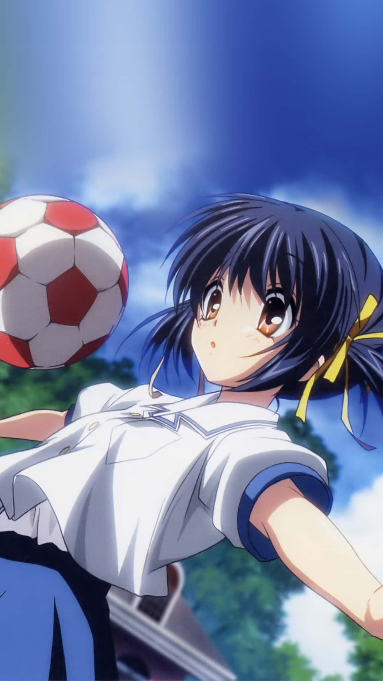 anime girl, school uniform, red and white soccer ball, Full HD Phone Wallpaper