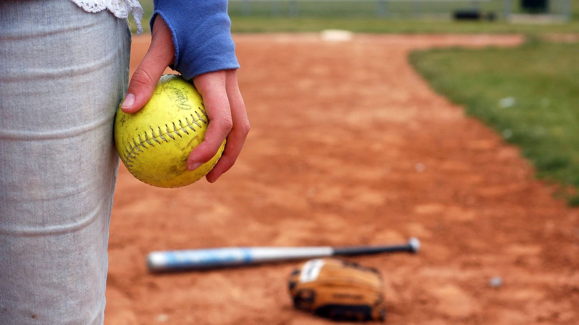 yellow softball, dirt baseball field, bat, Full HD Desktop Wallpaper