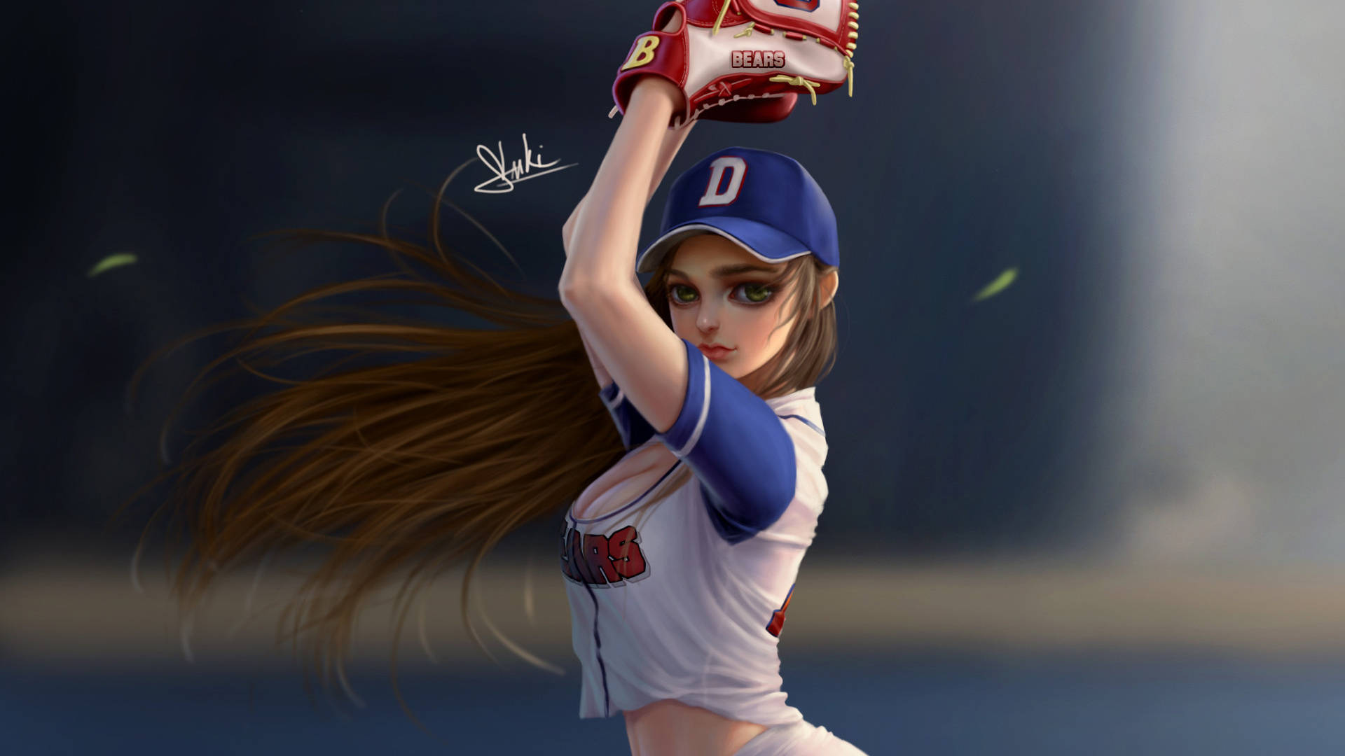 Cute Softball Anime Player, female baseball pitcher, white and blue uniform, Full HD Desktop Wallpaper