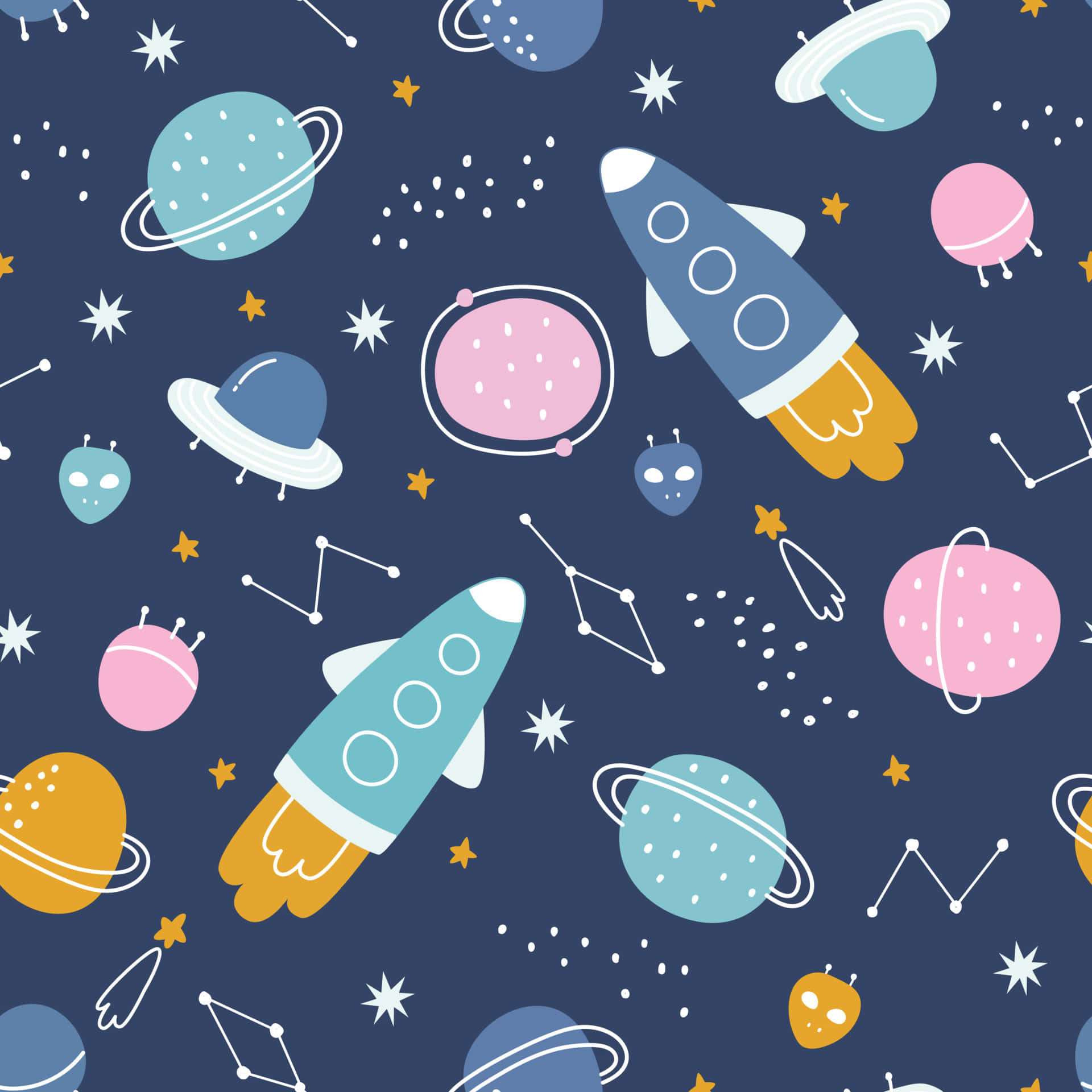 cute space, colorful rockets, aliens, Full HD Desktop Wallpaper
